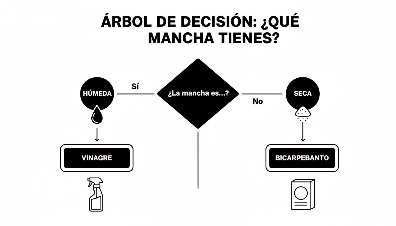 Árbol de decisión para saber si una mancha es húmeda o seca y cómo tratarla con vinagre o bicarbonato.