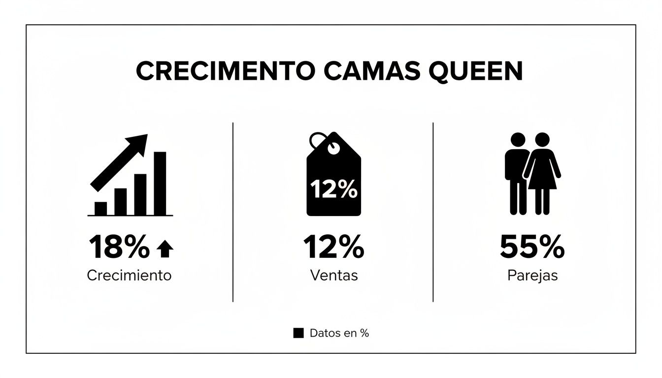 Infografía del crecimiento de camas Queen, mostrando 18% de crecimiento, 12% en ventas y 55% para parejas.
