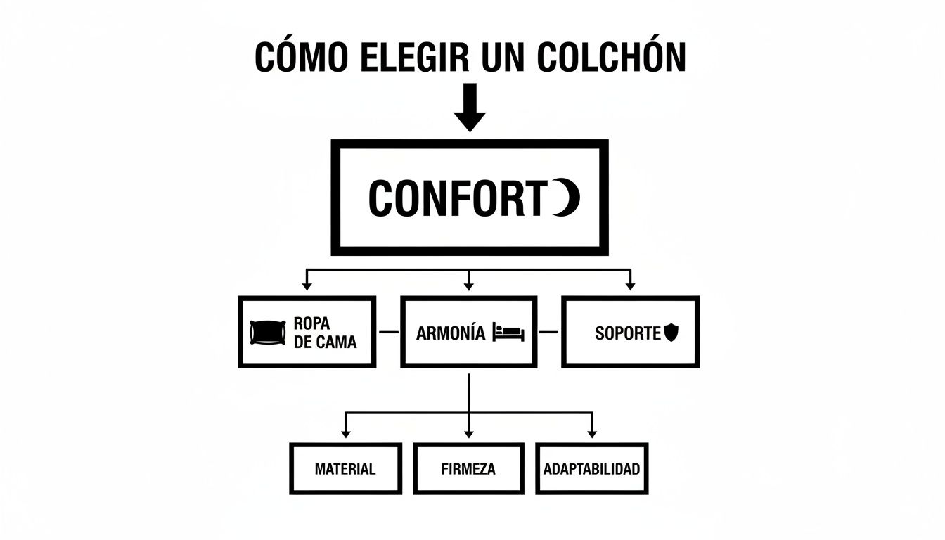 Diagrama que explica cómo elegir un colchón, centrándose en confort, ropa de cama, armonía, soporte, material, firmeza y adaptabilidad.