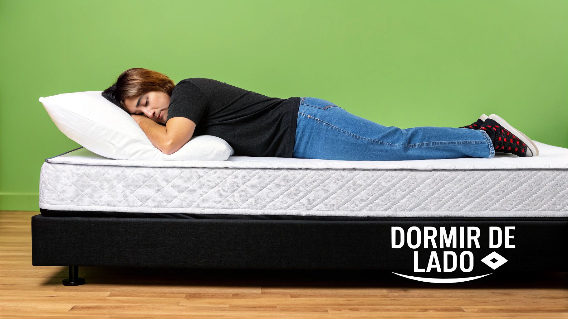 Una persona duerme de lado sobre un colchón blanco y base negra, con almohada, sobre un fondo verde.