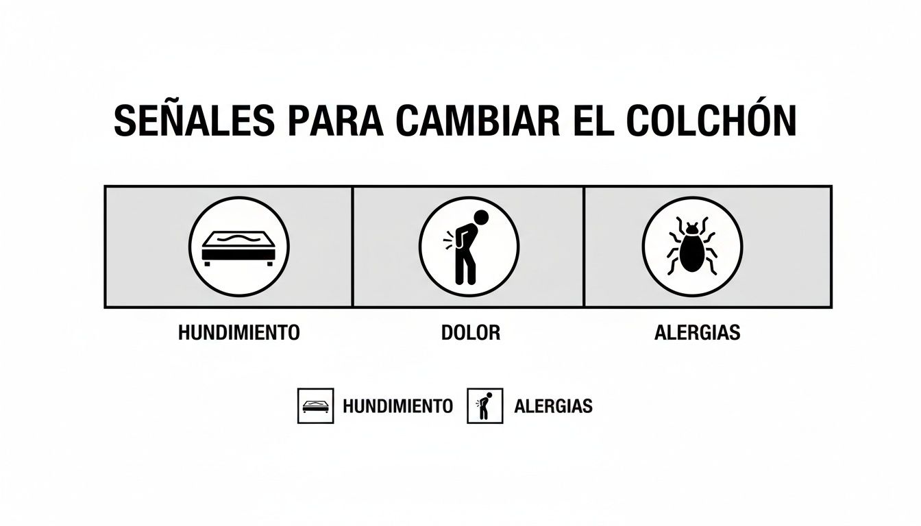 Infografía con señales para cambiar el colchón: hundimiento, dolor de espalda y alergias.