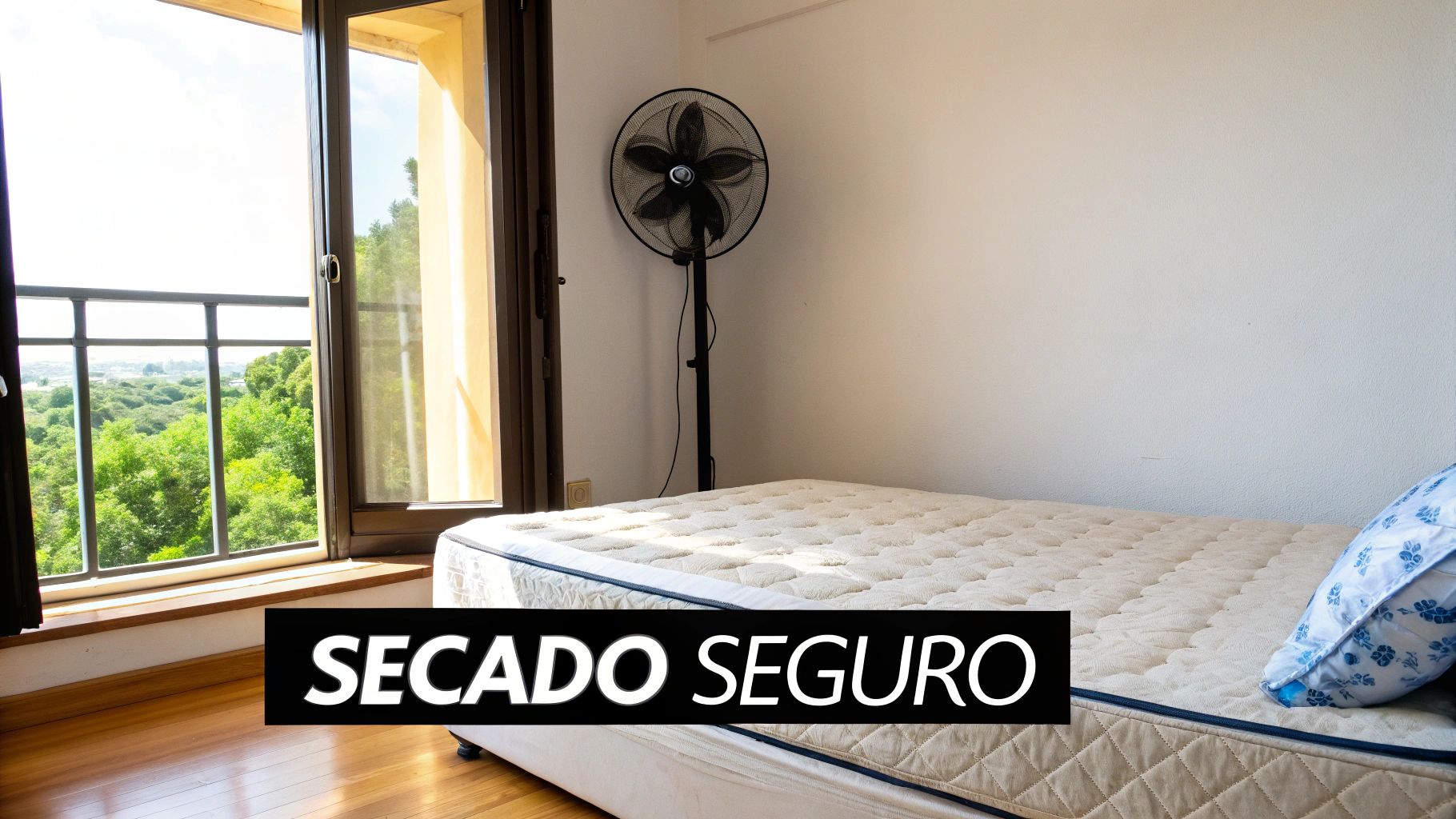 Colchón en un dormitorio minimalista con ventana abierta a la naturaleza y un ventilador, ideal para secado seguro.