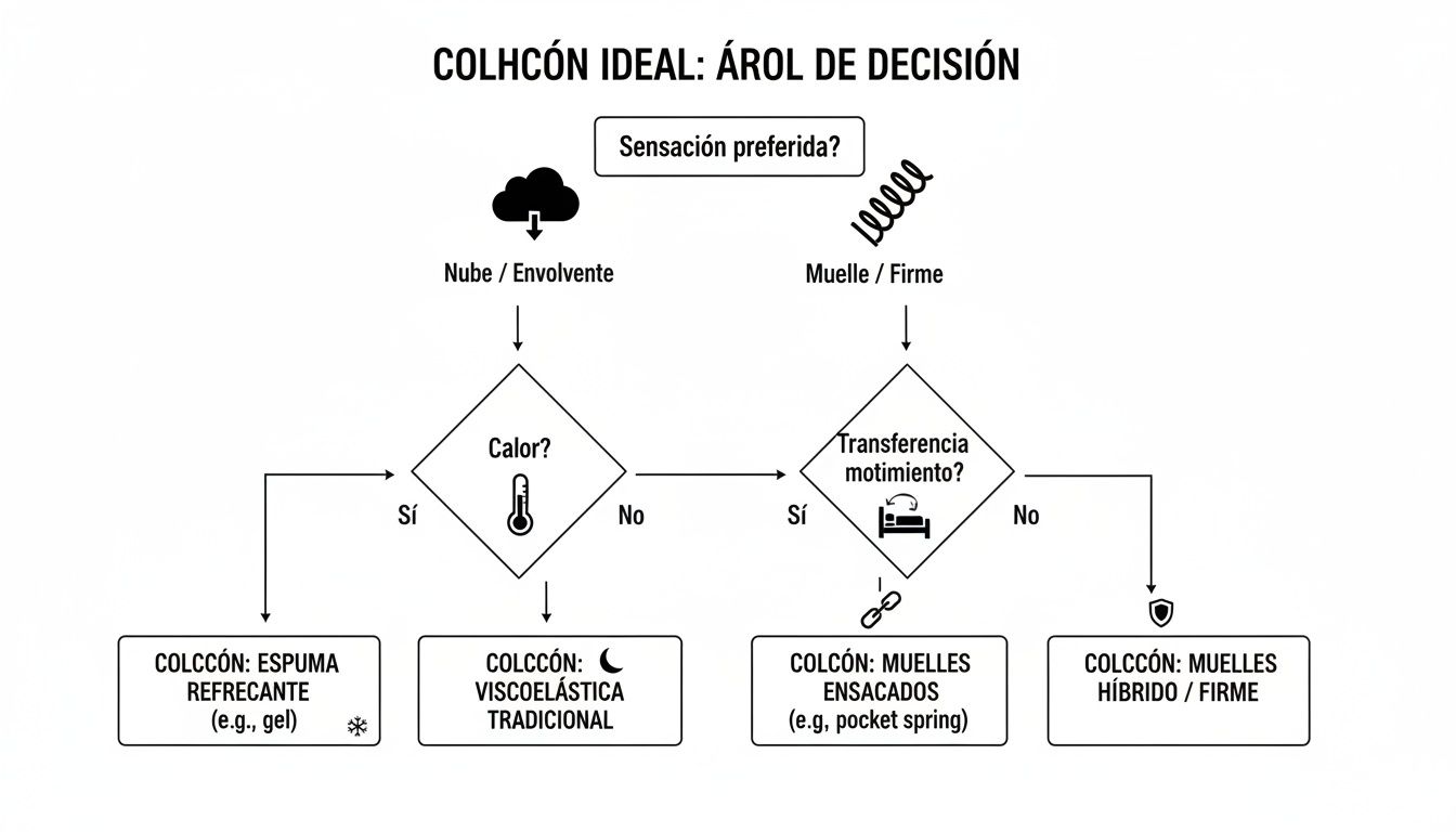 Diagrama de flujo para elegir el colchón ideal según la sensación preferida (nube o firme), calor y transferencia de movimiento.