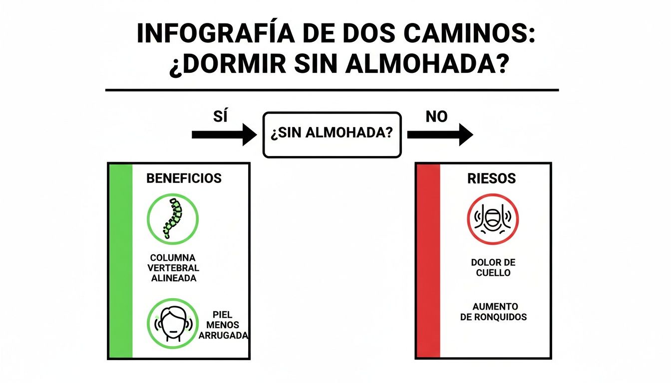 Infografía que compara los beneficios y riesgos de dormir con o sin almohada, mostrando la columna vertebral, arrugas, dolor de cuello y ronquidos.
