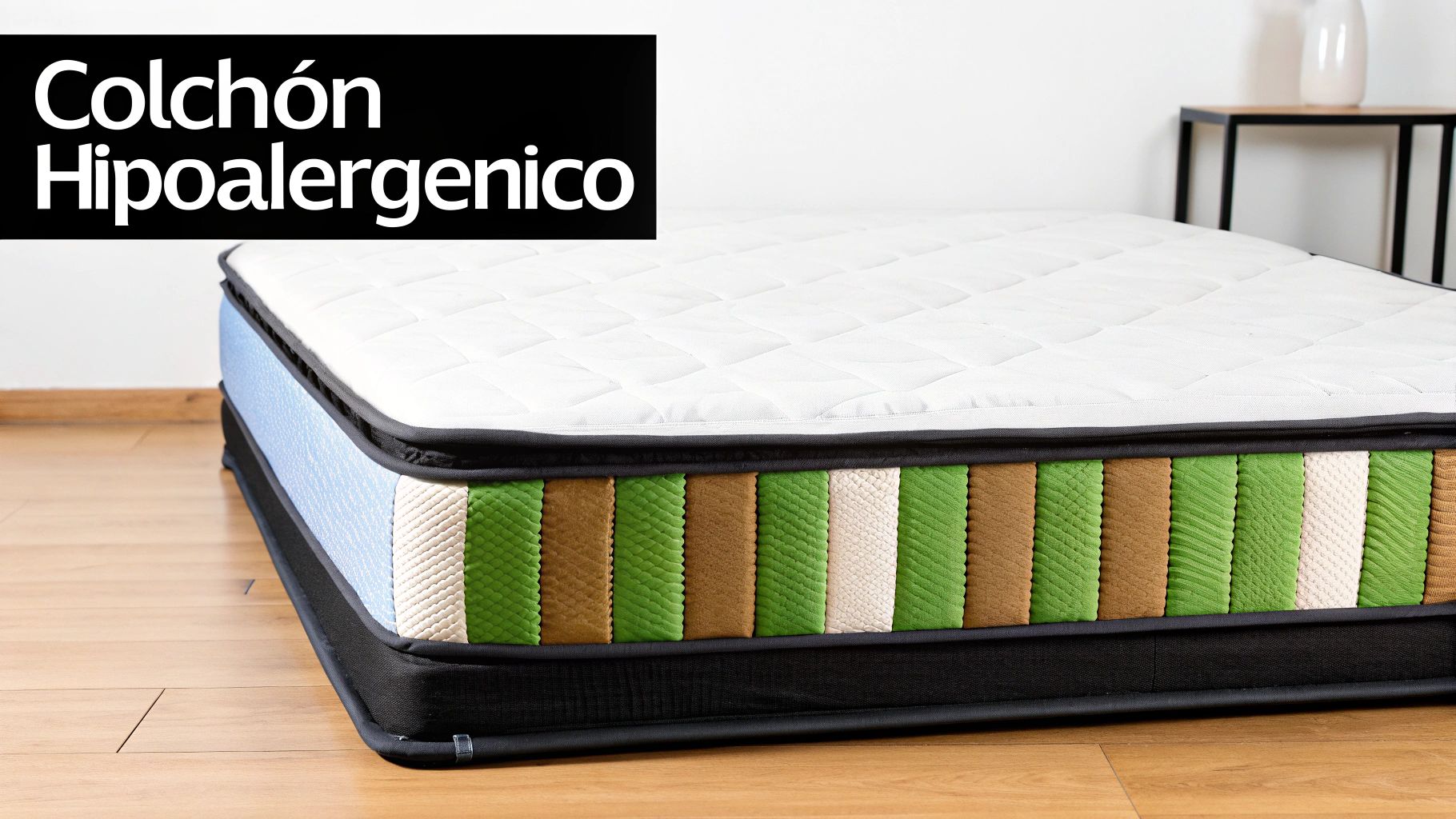 Colchón hipoalergénico con diseño de franjas de colores verde, marrón y crema sobre suelo de madera.