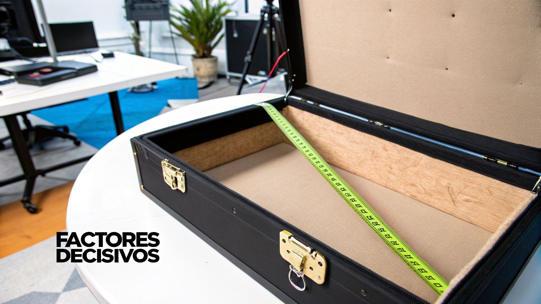 Caja negra abierta con cinta métrica verde en su interior, sobre una mesa blanca.