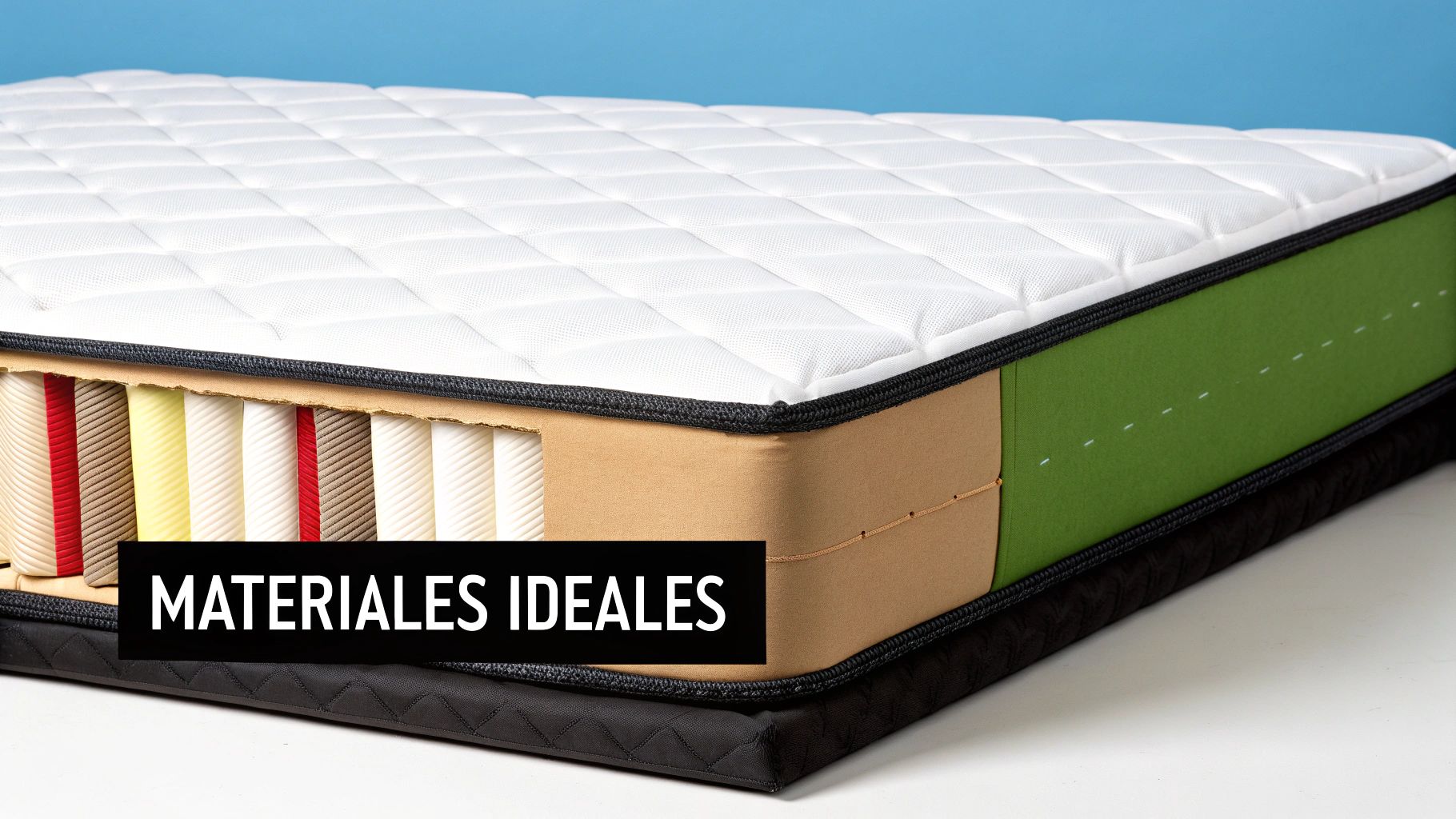 Colchón con corte transversal mostrando diversas capas y materiales internos de alta calidad.