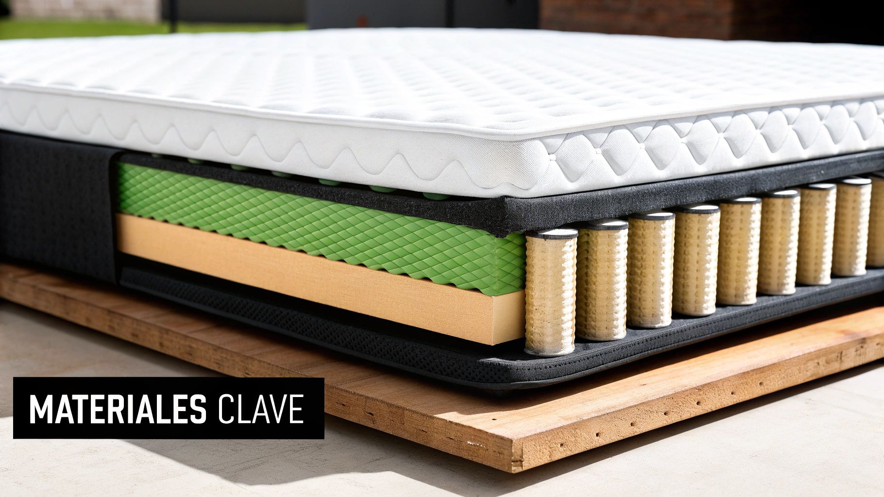 Vista en corte de un colchón mostrando sus capas internas y materiales clave para la comodidad y el soporte.