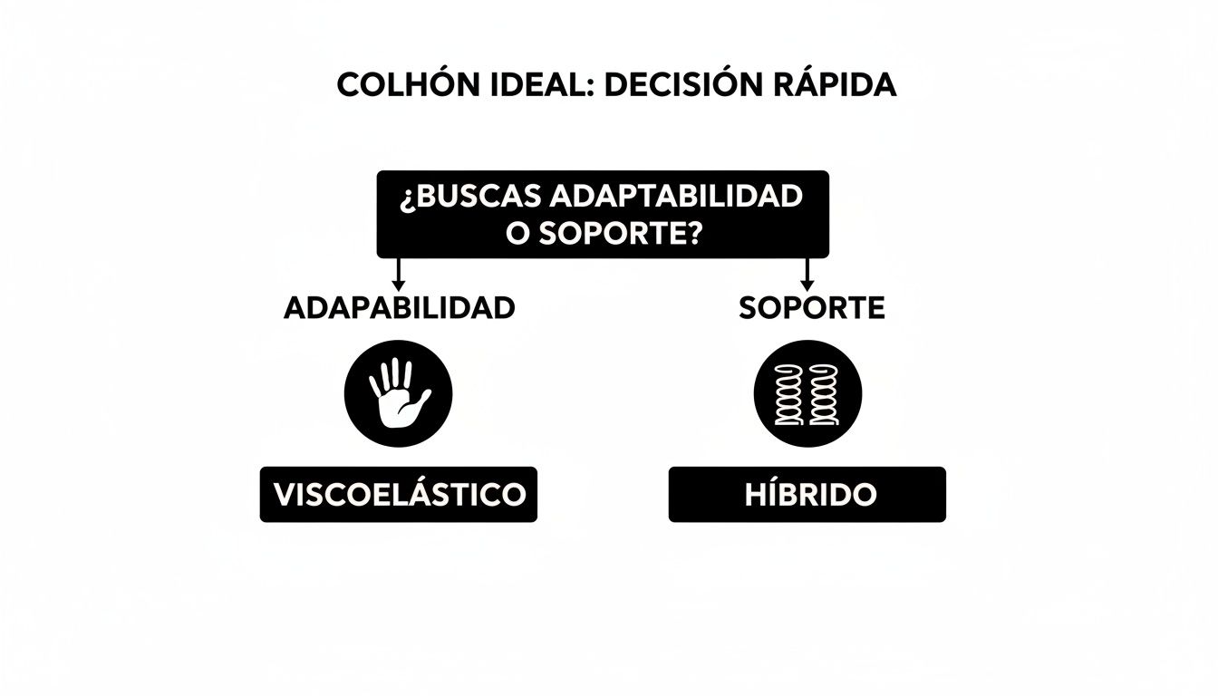 Diagrama de flujo para elegir un colchón ideal, comparando viscoelástico para adaptabilidad e híbrido para soporte.