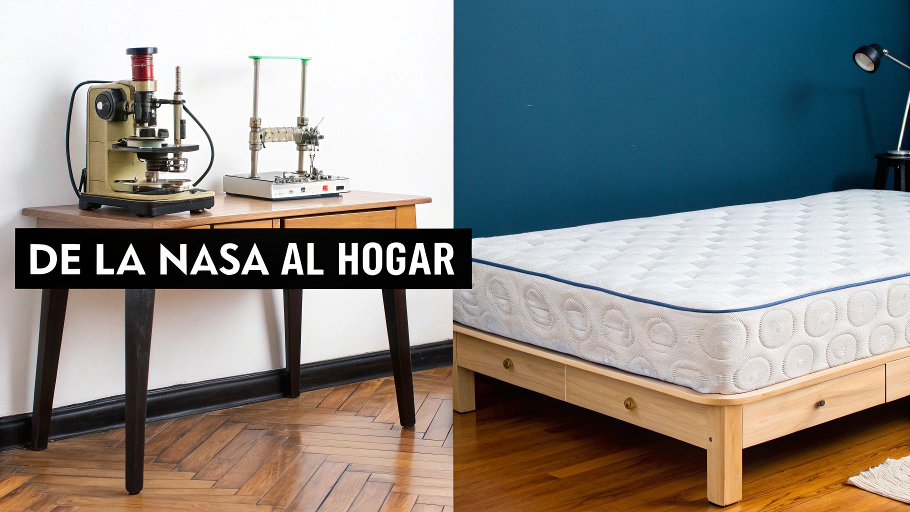 Imagen mostrando equipos científicos y un dormitorio moderno con colchón, bajo el texto 'DE LA NASA AL HOGAR'.