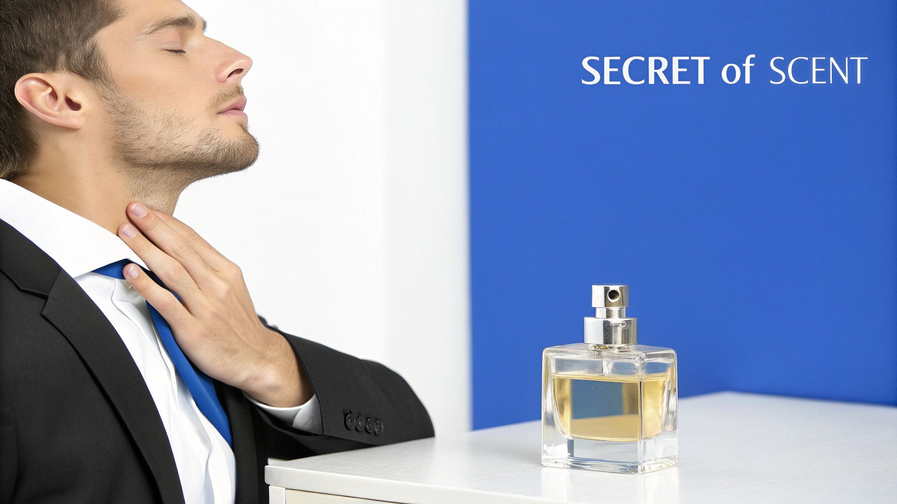 A stylish man in a suit enjoys the scent of cologne, with a fragrance bottle nearby.