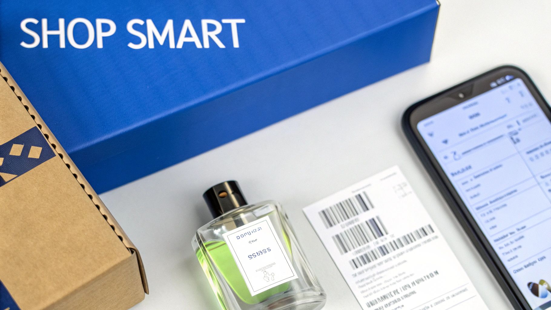 A flat lay of online shopping items: a 'SHOP SMART' box, perfume, receipt, and smartphone.