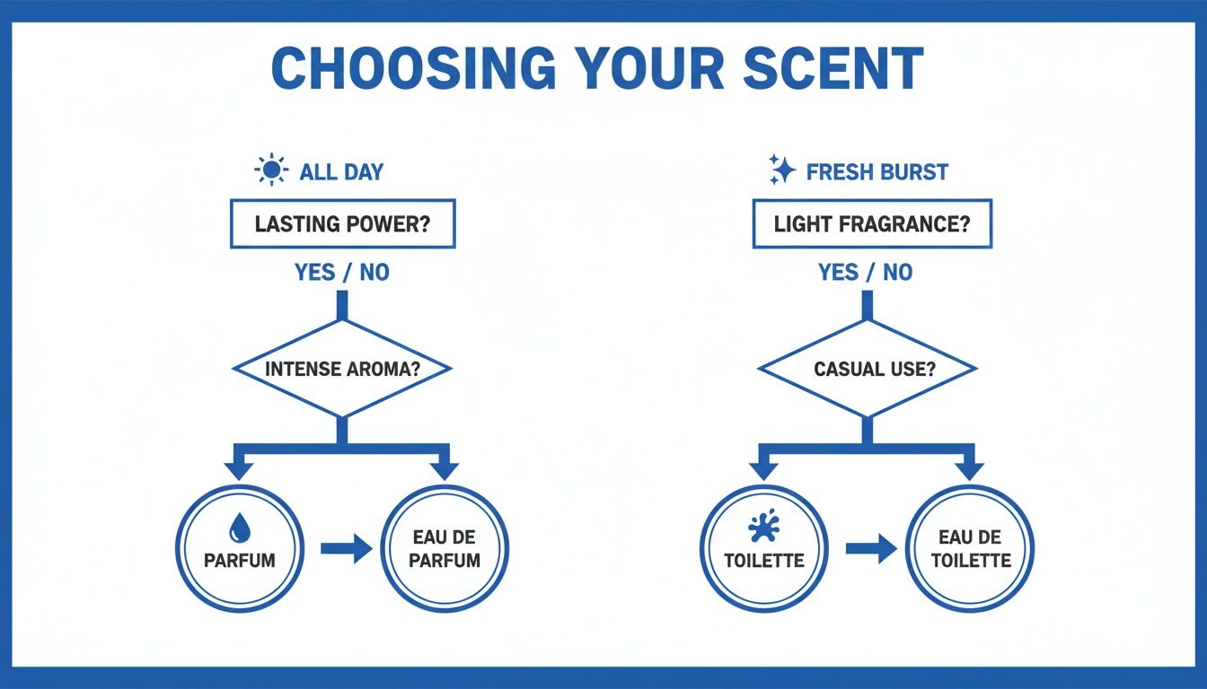 A flowchart guiding the choice between Parfum, Eau de Parfum, Toilette, and Eau de Toilette based on desired characteristics.