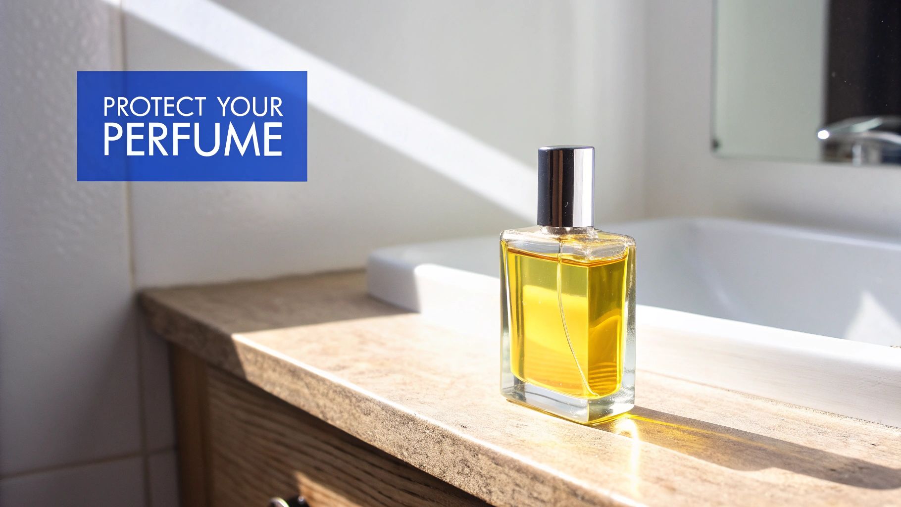 A sleek bottle of perfume with yellow liquid sits on a sunlit wooden bathroom counter next to a sink.