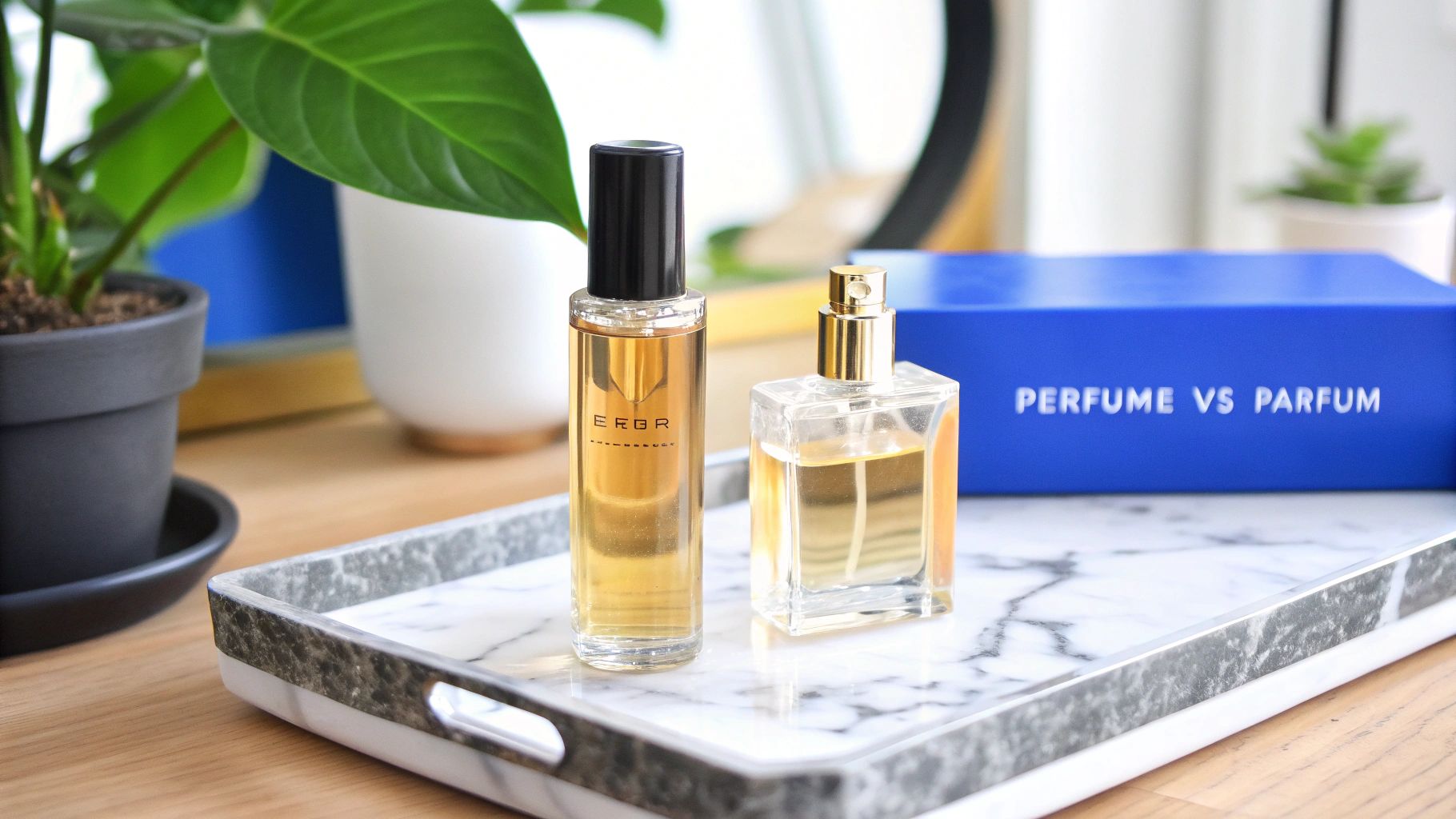 Two perfume bottles, one labeled 'ERBR', and a 'PERFUME VS PARFUM' box on a marble tray.
