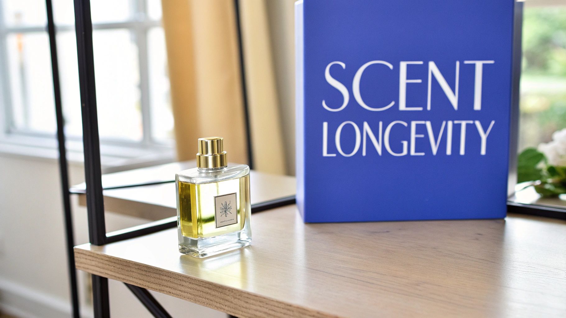 A perfume bottle with golden cap sits next to a blue box labeled 'Scent Longevity' on a wooden table.