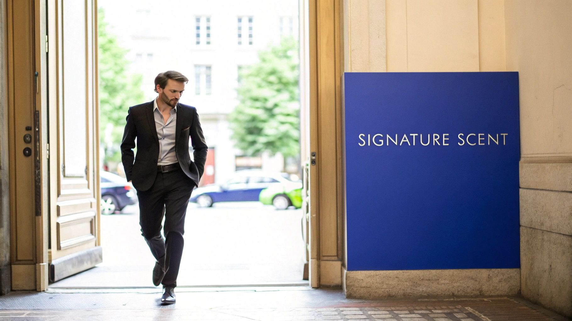 A stylish man in a black suit walks through a doorway past a 'SIGNATURE SCENT' sign.