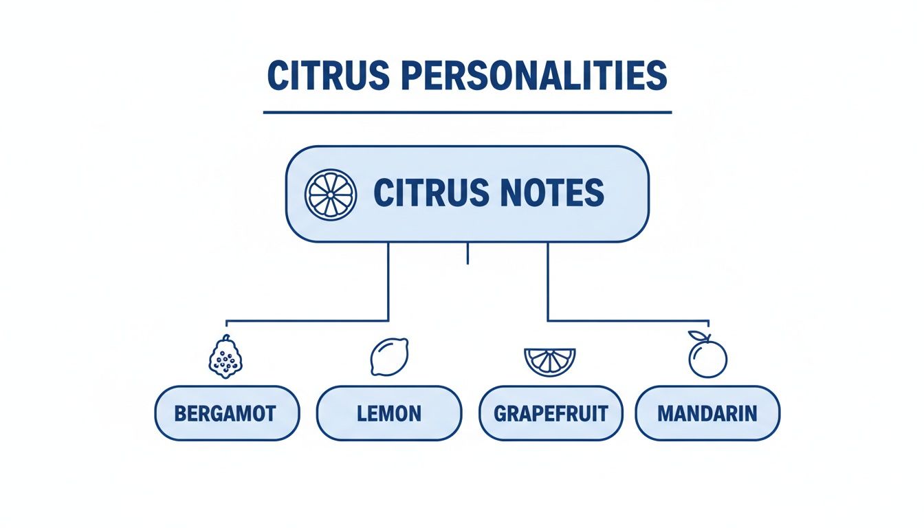 Diagram showing citrus personalities, detailing bergamot, lemon, grapefruit, and mandarin notes.