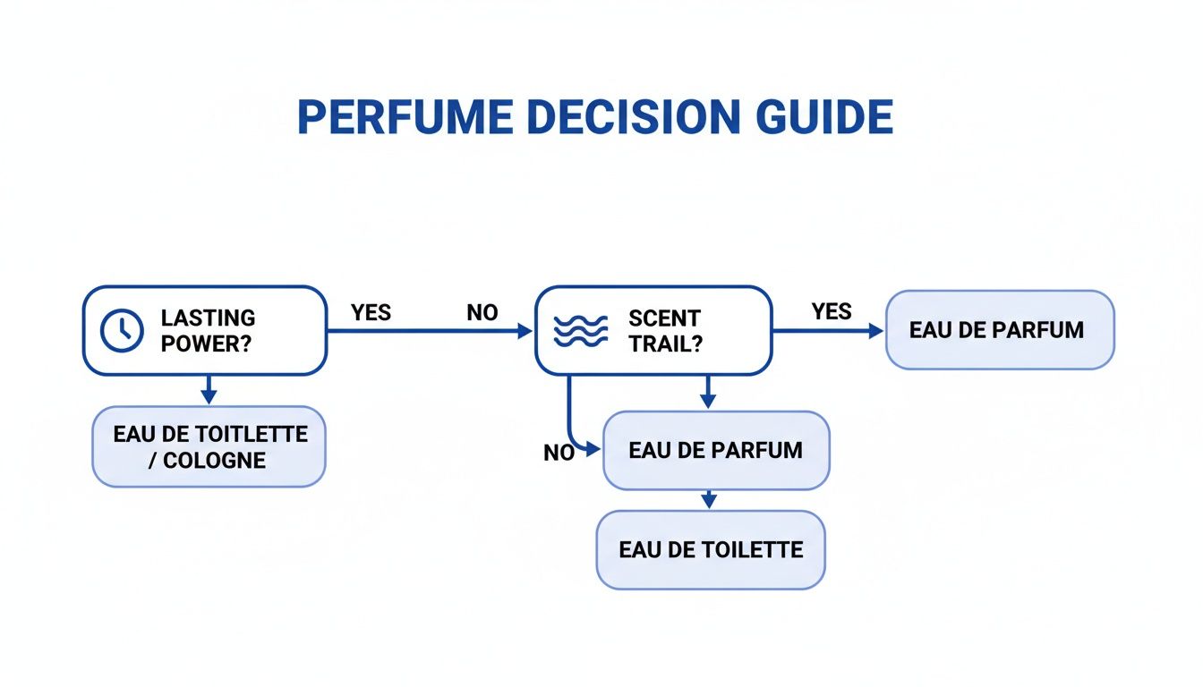 A perfume decision guide flowchart helps choose fragrance types based on lasting power and scent trail.