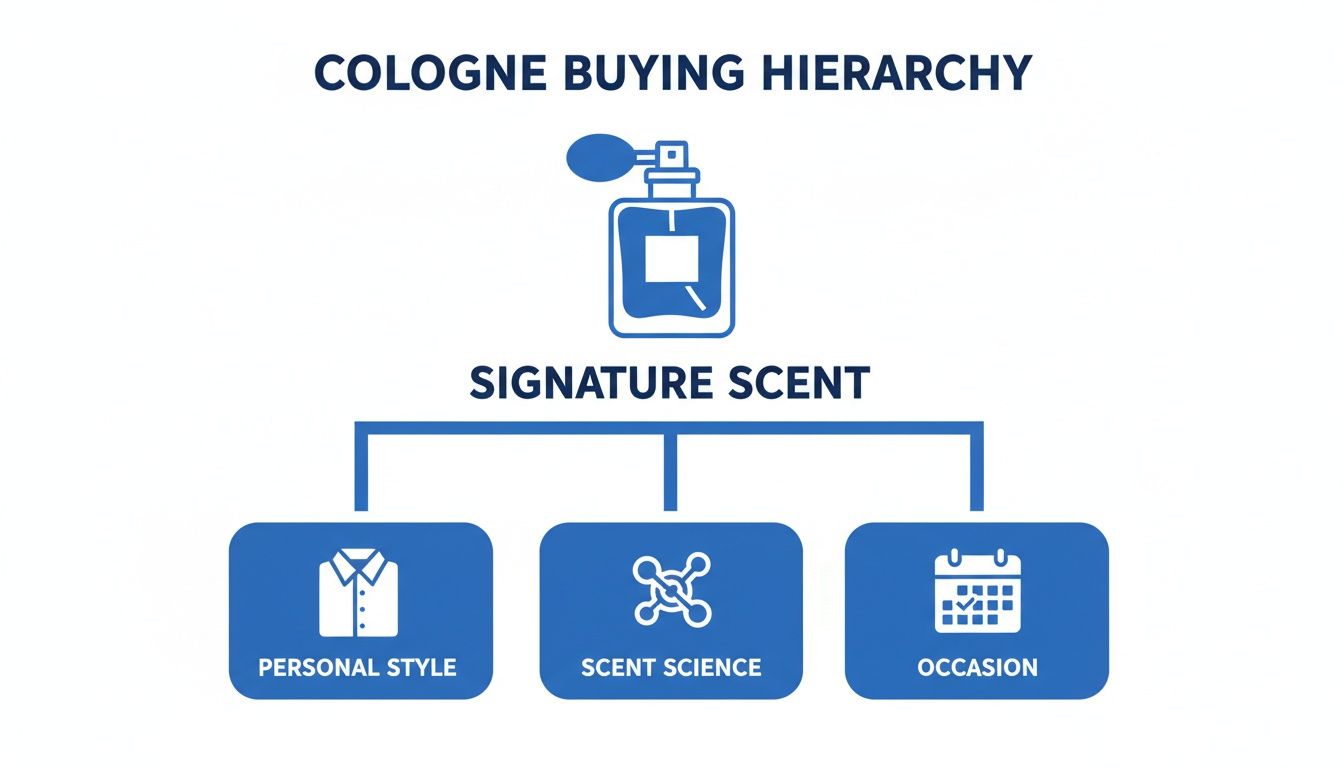 A visual hierarchy explaining cologne buying, focusing on signature scent influenced by personal style, scent science, and occasion.