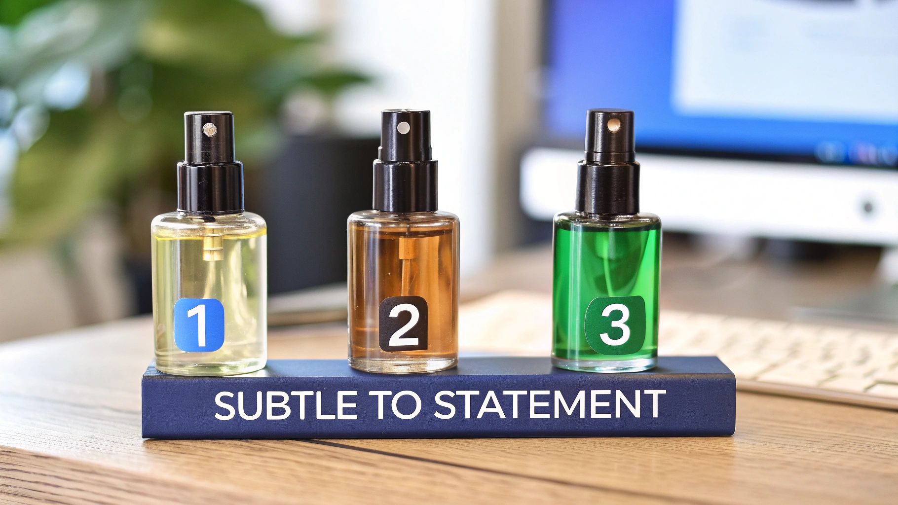Three spray bottles labeled 1, 2, and 3, with different colored liquids, on a block reading 'SUBTLE TO STATEMENT'.