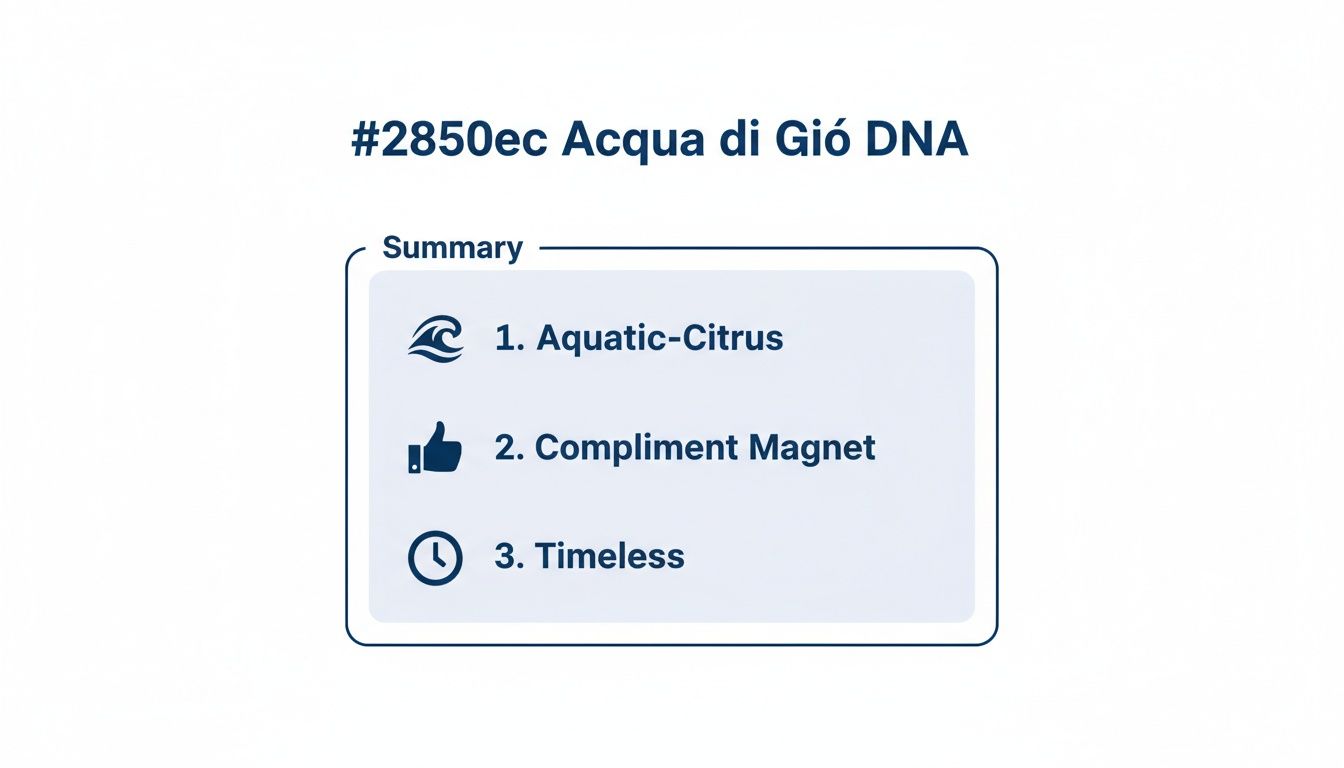 A summary box listing three characteristics of Acqua di Giò DNA cologne: Aquatic-Citrus, Compliment Magnet, and Timeless.