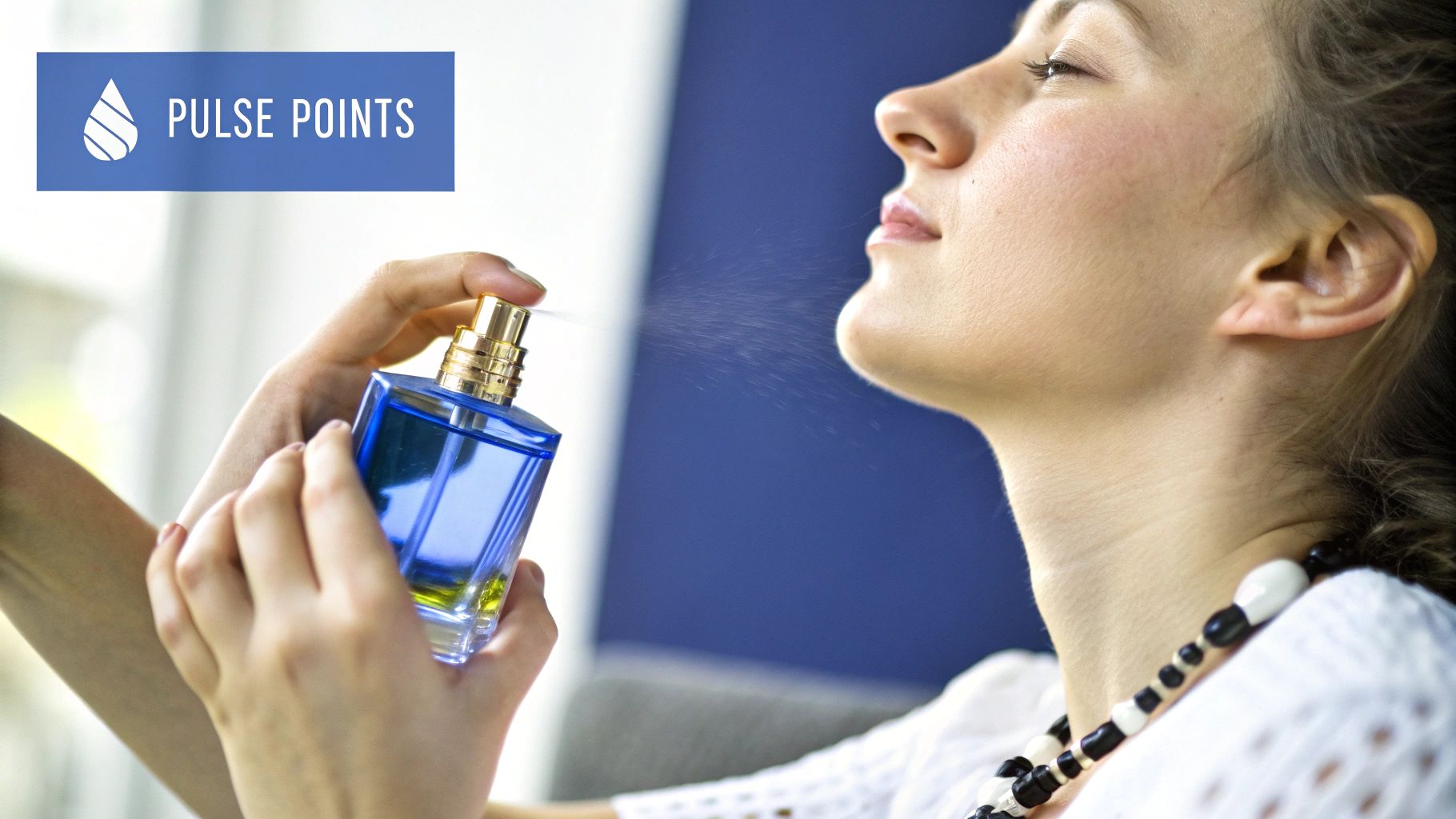 Young woman sprays perfume on her neck, highlighting pulse points for fragrance application.