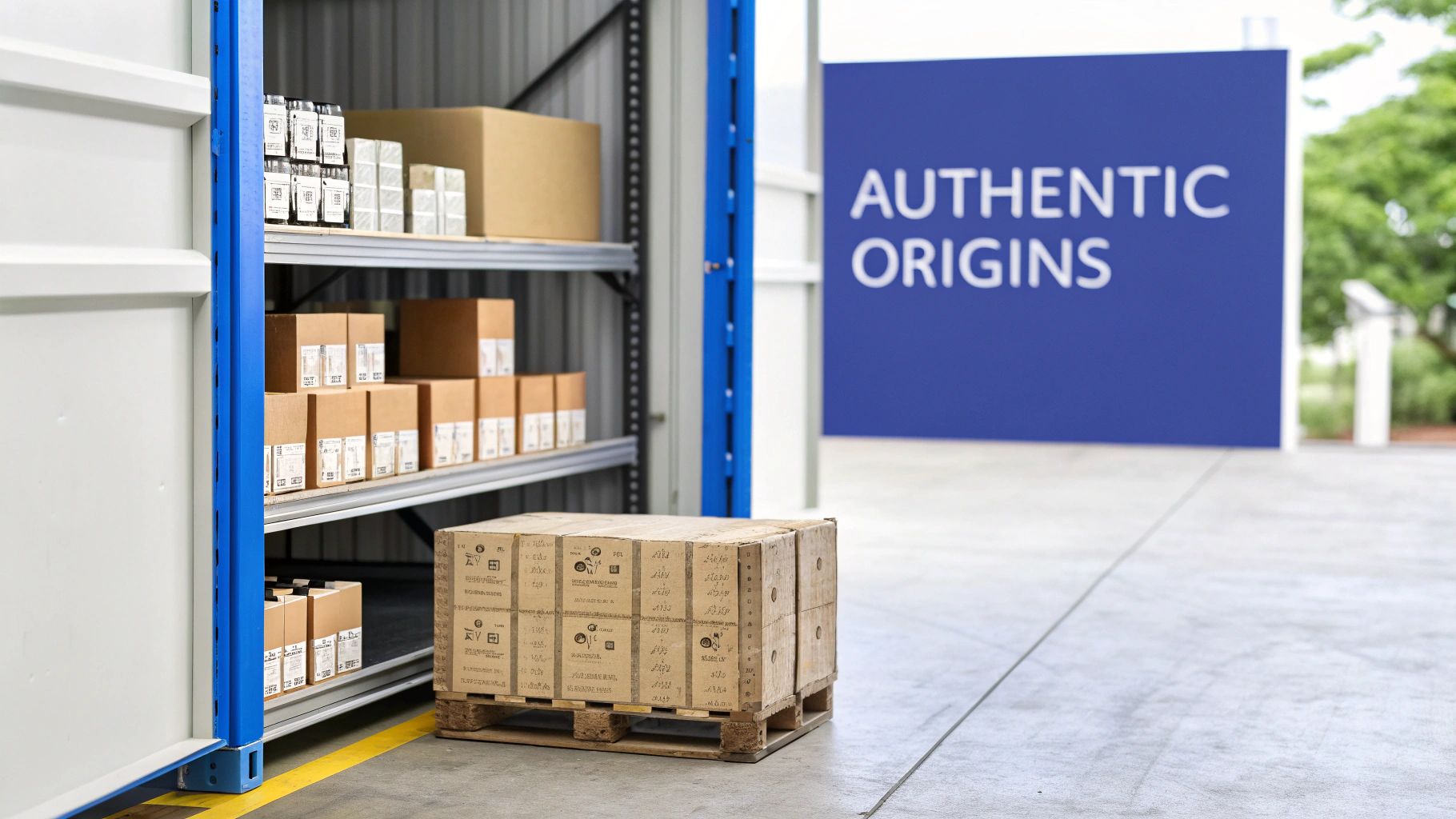 Finding Discount Name Brand Cologne That Is *Absolutely* Authentic 2 Inside a storage container with shelves full of boxes, a pallet on the floor, and an 'AUTHENTIC ORIGINS' sign outdoors.