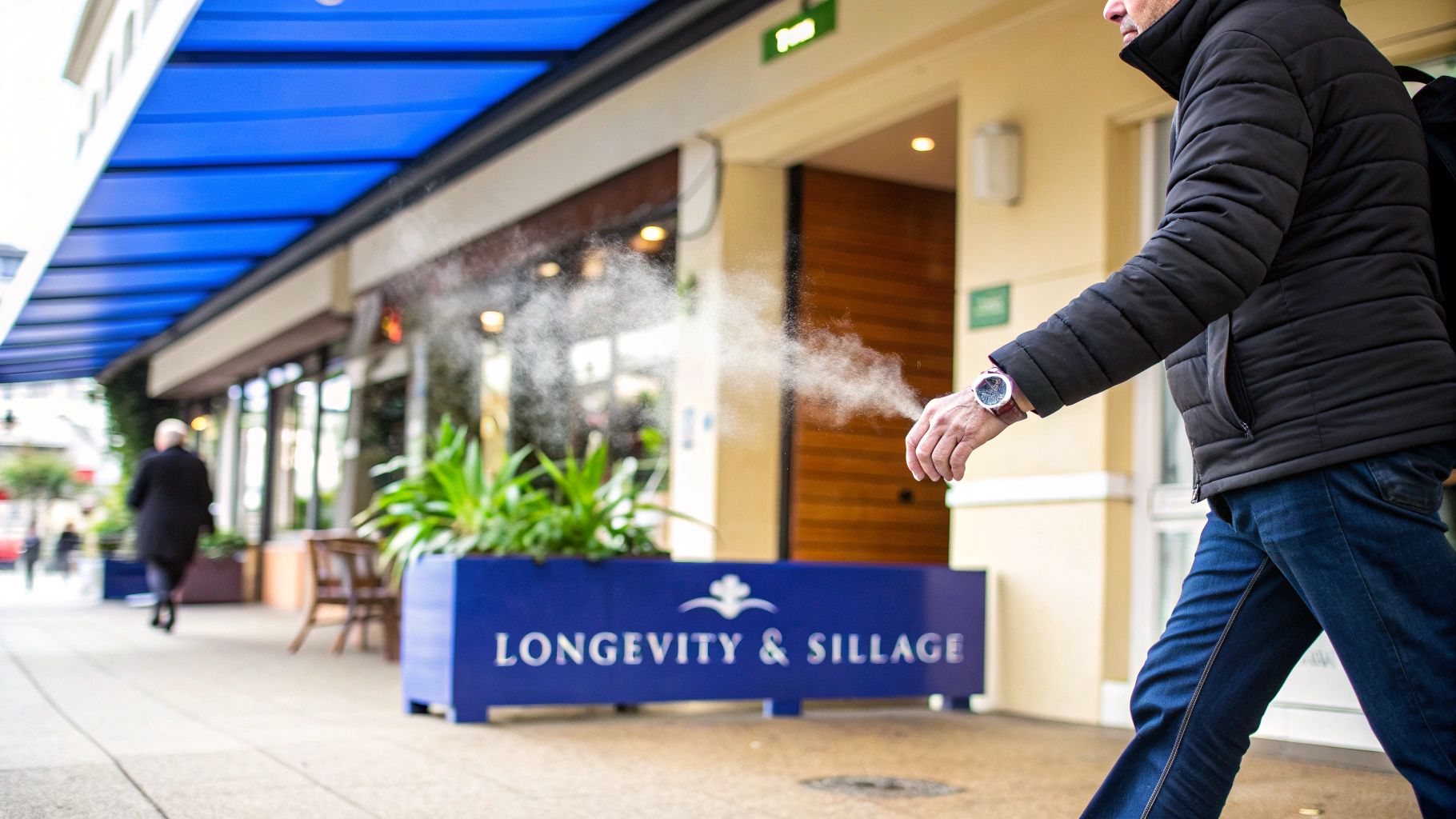 A man sprays fragrance into the air from his wrist, walking past a 'Longevity & Sillage' planter.