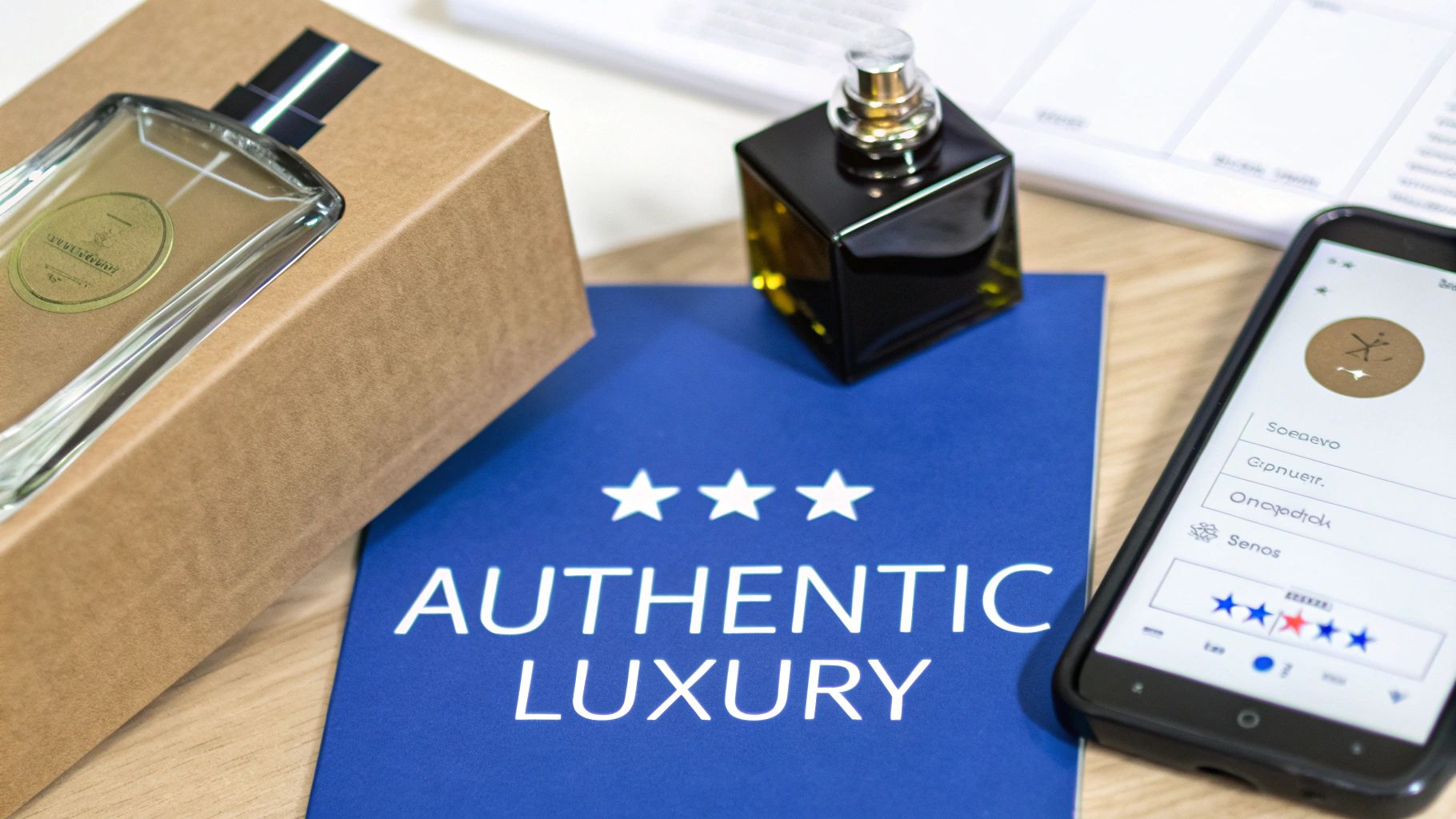 Two luxury cologne bottles, one in a box, a blue card saying 'Authentic Luxury', and a smartphone displaying product reviews.
