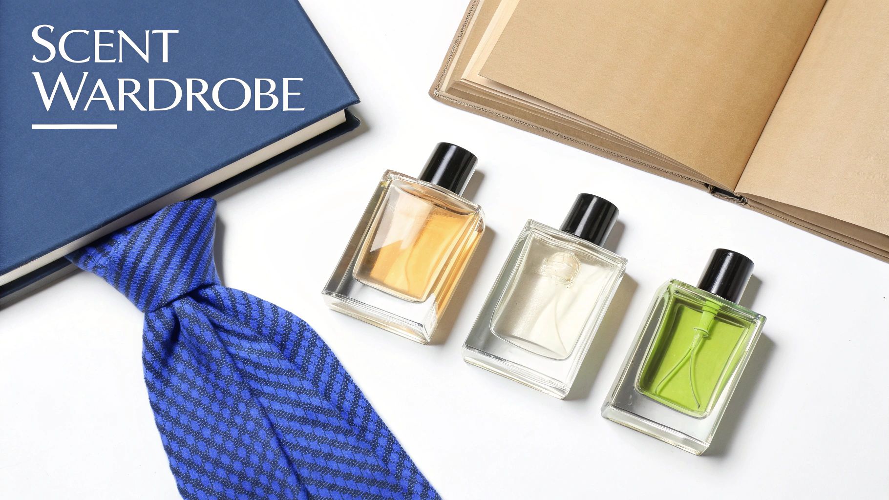 A flat lay of three cologne bottles, a book titled 'SCENT WARDROBE', and a blue tie.