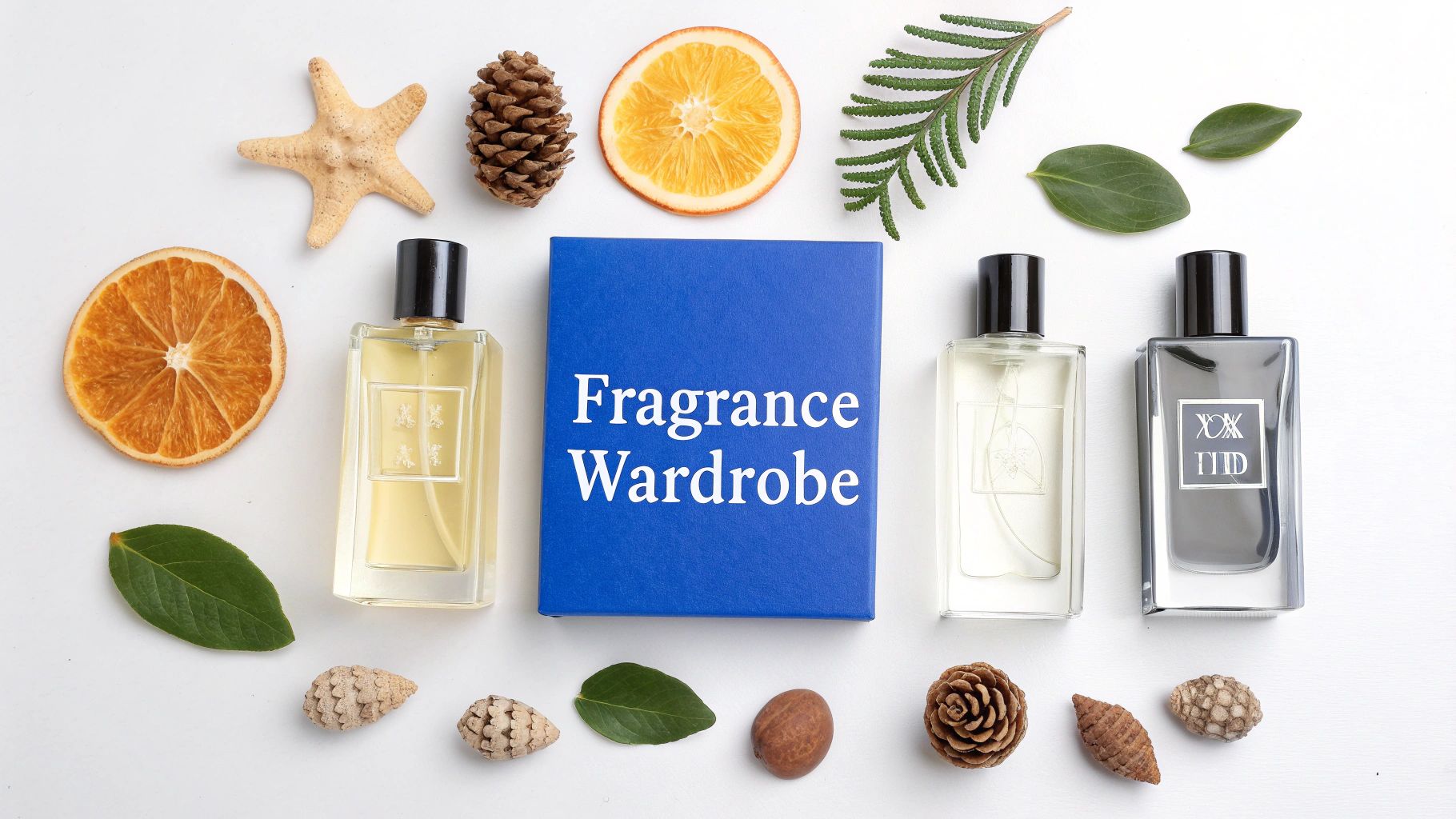 A 'Fragrance Wardrobe' box surrounded by three perfume bottles, dried oranges, pinecones, and leaves on white.