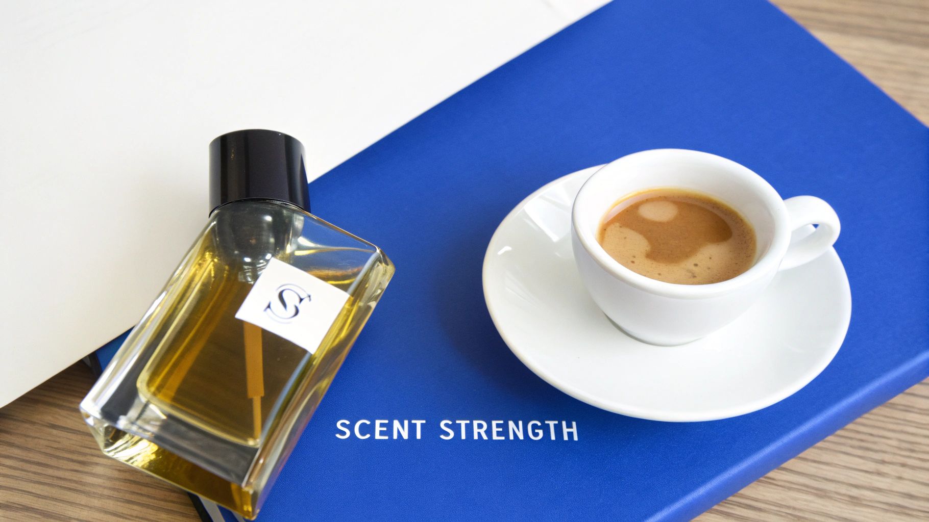 A golden perfume bottle labeled 'S' and an espresso cup on a blue notebook, emphasizing 'Scent Strength'.