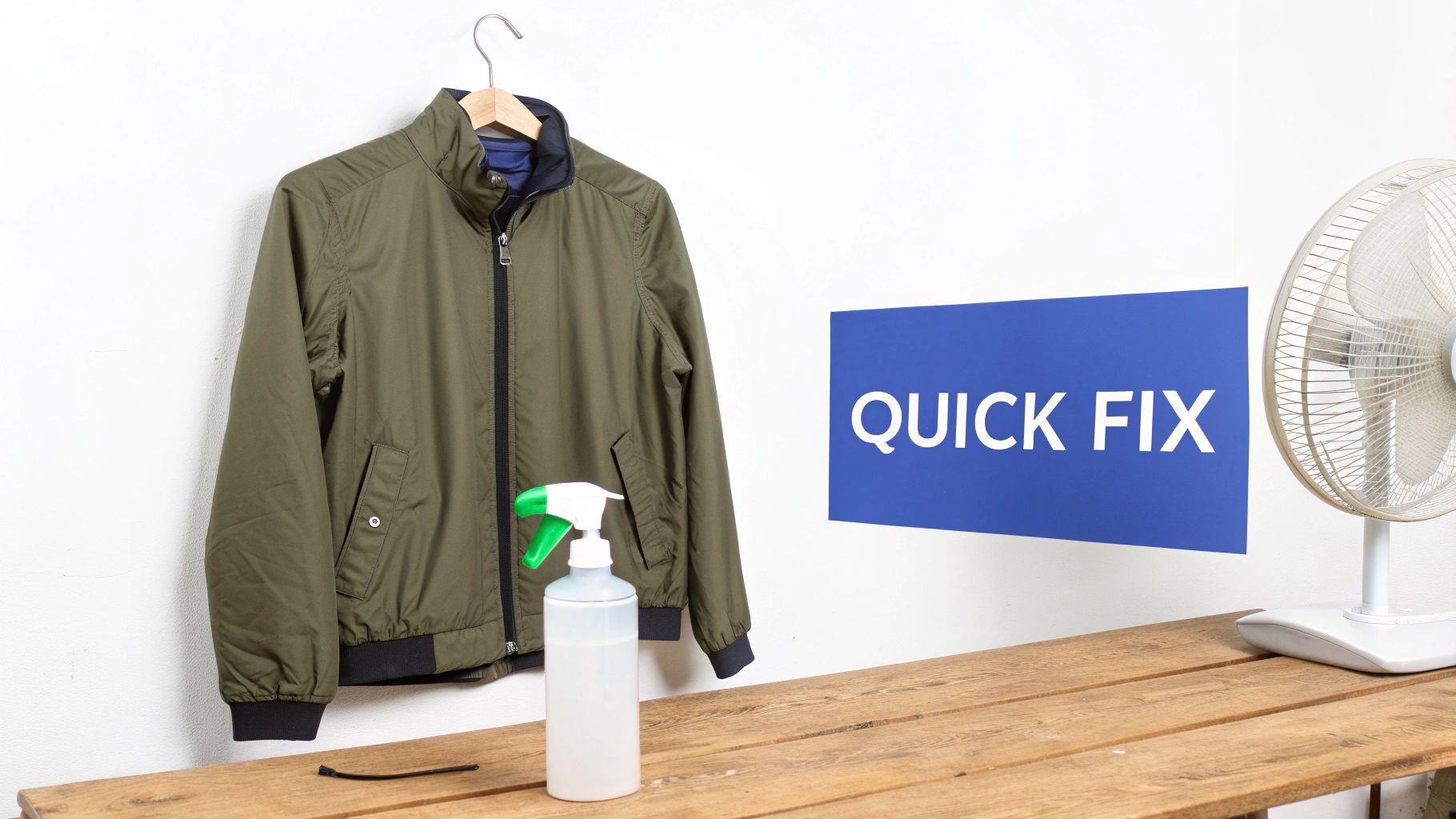 A green jacket, a spray bottle, a fan, and a "QUICK FIX" sign for refreshing clothes.