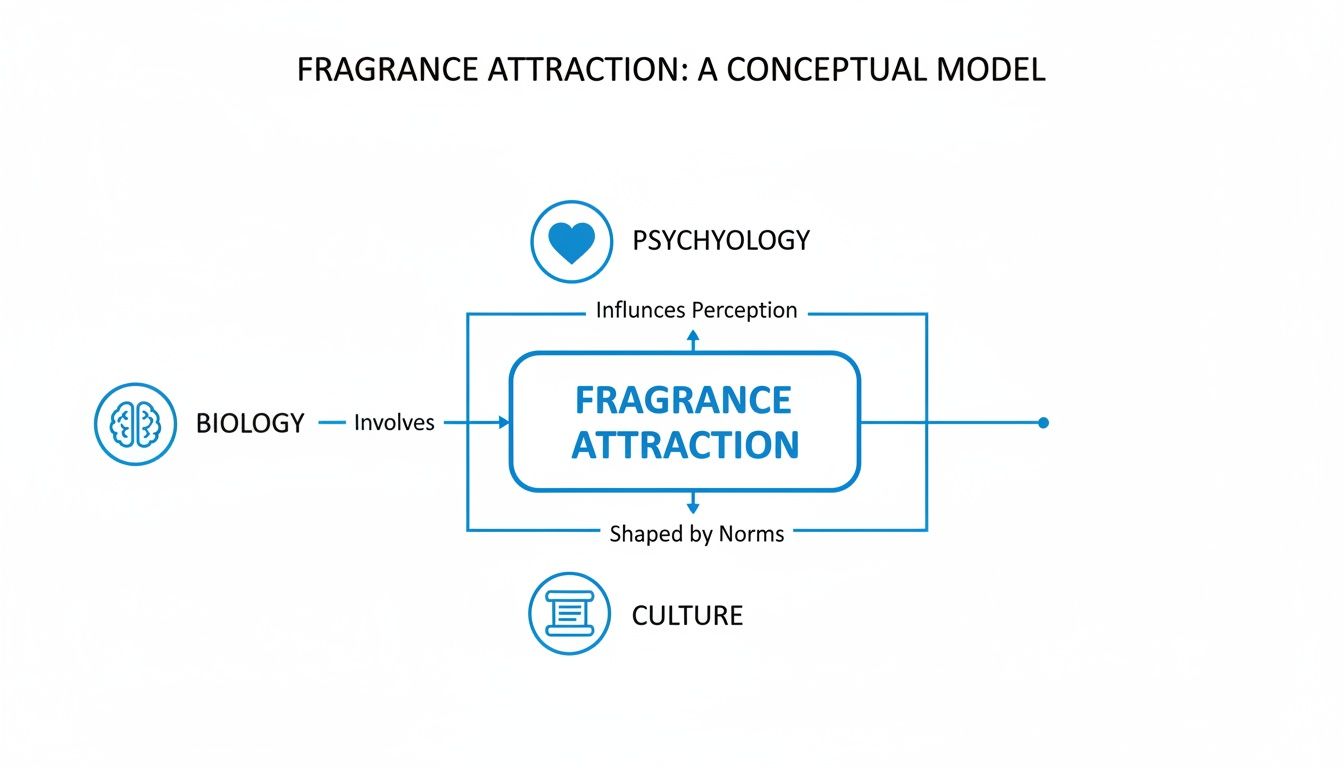 A conceptual model illustrating fragrance attraction, influenced by biology, psychology, and culture.