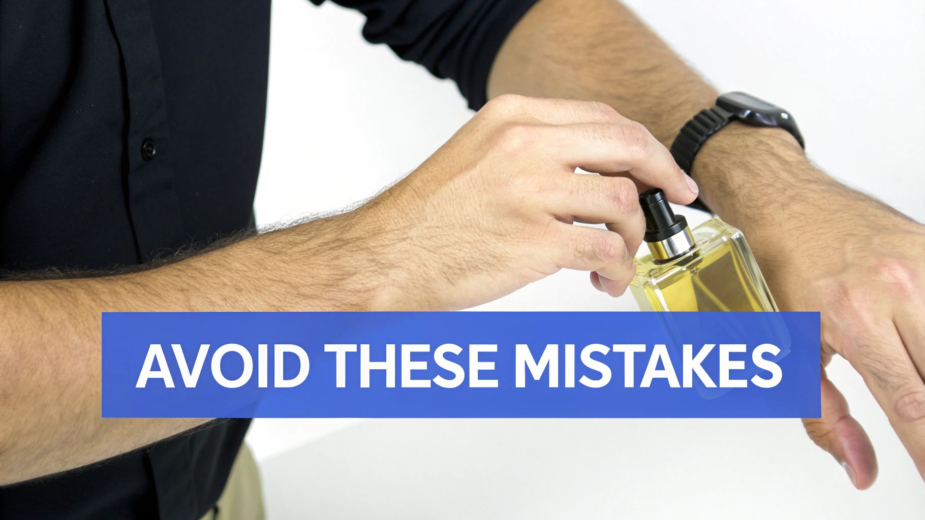 A man sprays cologne on his wrist, demonstrating how to avoid common fragrance application mistakes.