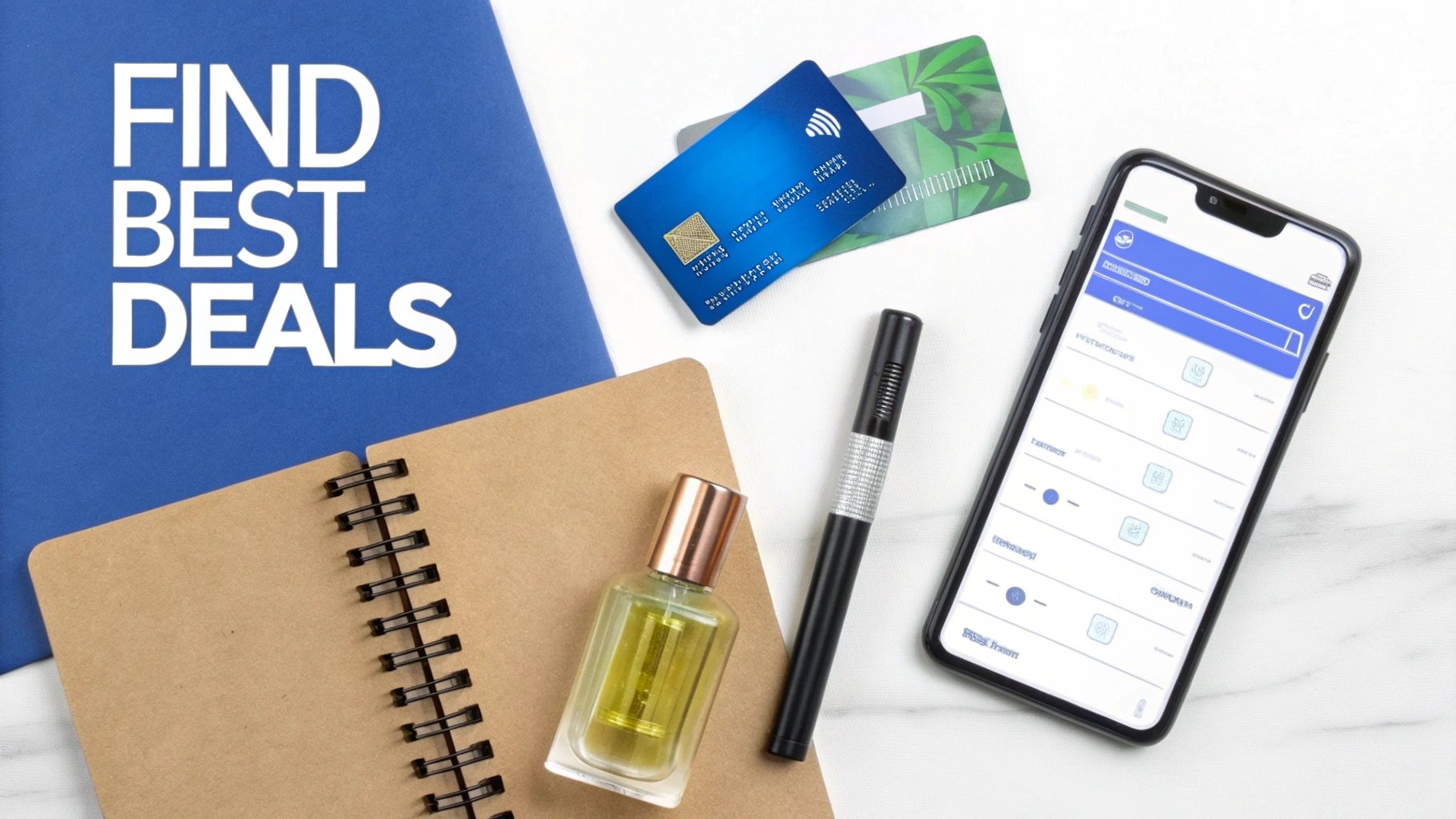Finding Discount Name Brand Cologne That Is *Absolutely* Authentic 4 A flat lay showing a 'FIND BEST DEALS' folder, smartphone, credit cards, notebook, and cologne.