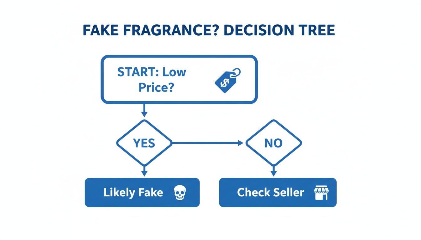 A decision tree flowchart for identifying fake fragrances, starting with low price and leading to 'Likely Fake' or 'Check Seller'.