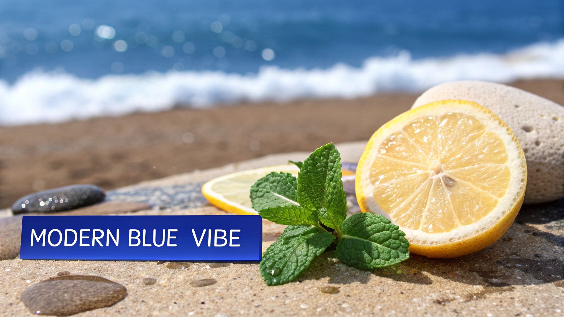 Fresh lemon slice with mint leaves on beach sand representing modern blue fragrance vibes