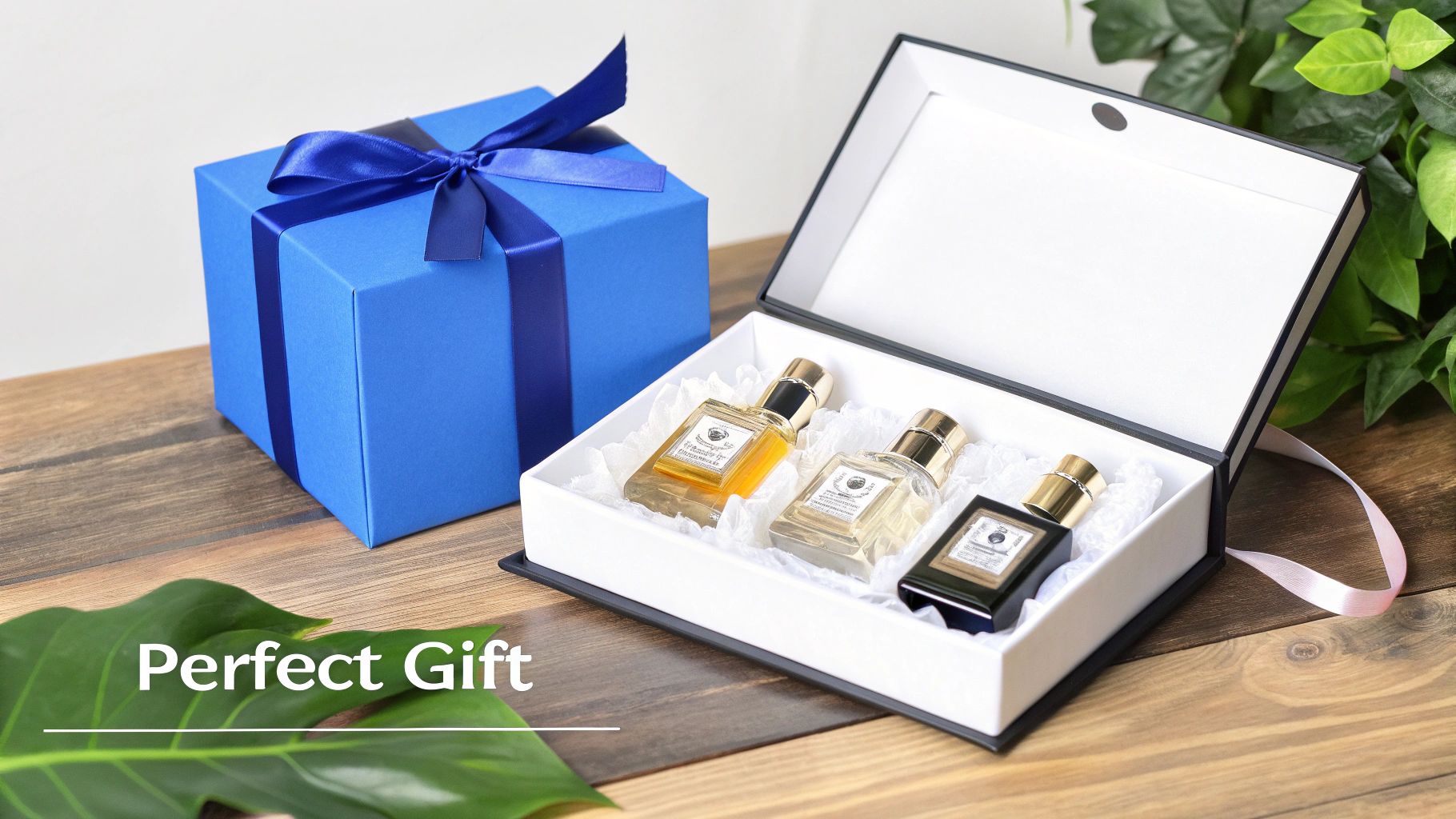 A blue gift box with a ribbon next to an open box containing three mini perfume bottles.