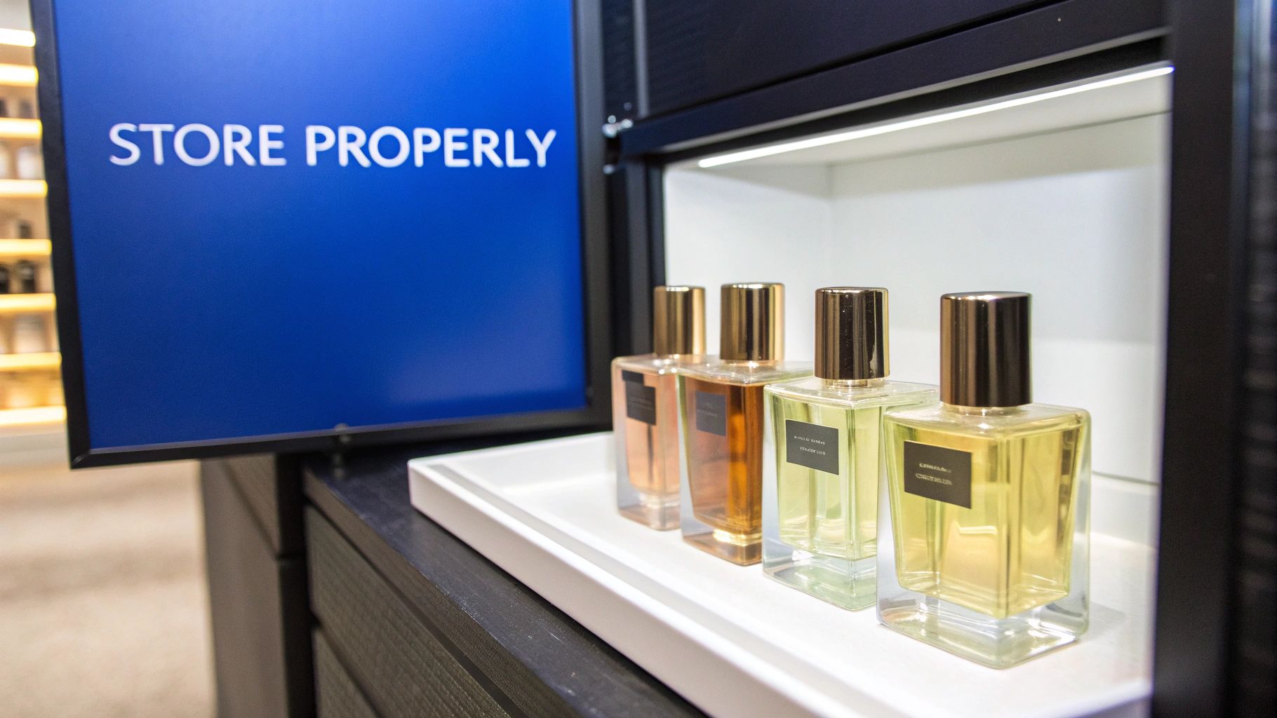 Four rectangular perfume bottles with gold caps displayed on a white tray, near a blue screen.