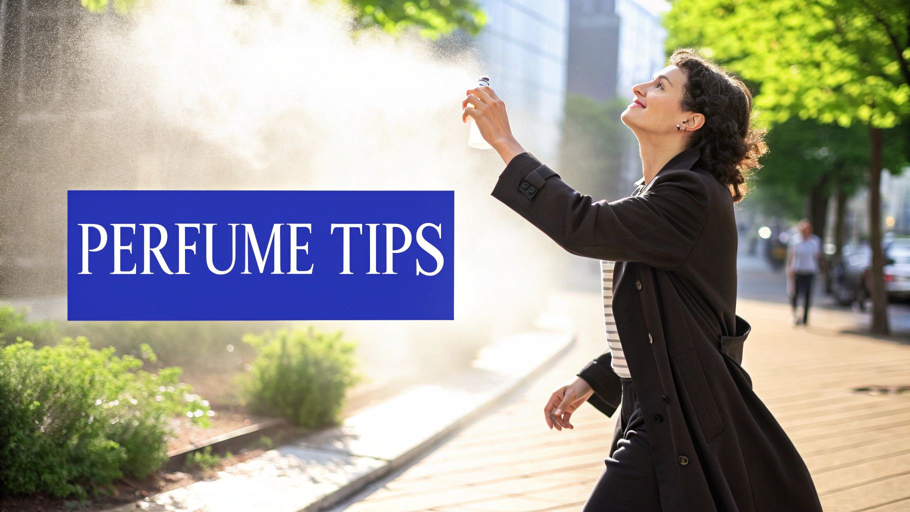 A happy woman sprays perfume into the air, with a blue banner displaying 'PERFUME TIPS'.