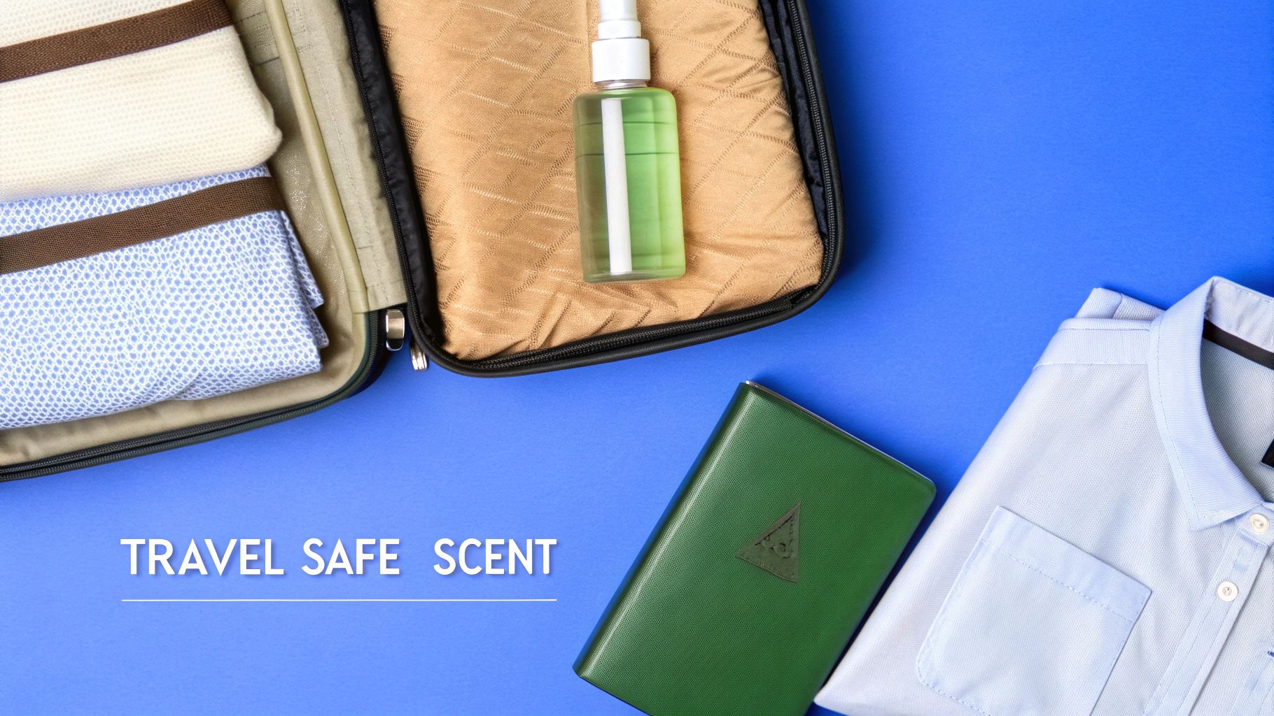 A flat lay of travel essentials, including an open suitcase with folded clothes, a green spray bottle, a passport cover, and a light blue shirt on a vibrant blue background, with the text 'TRAVEL SAFE SCENT'.