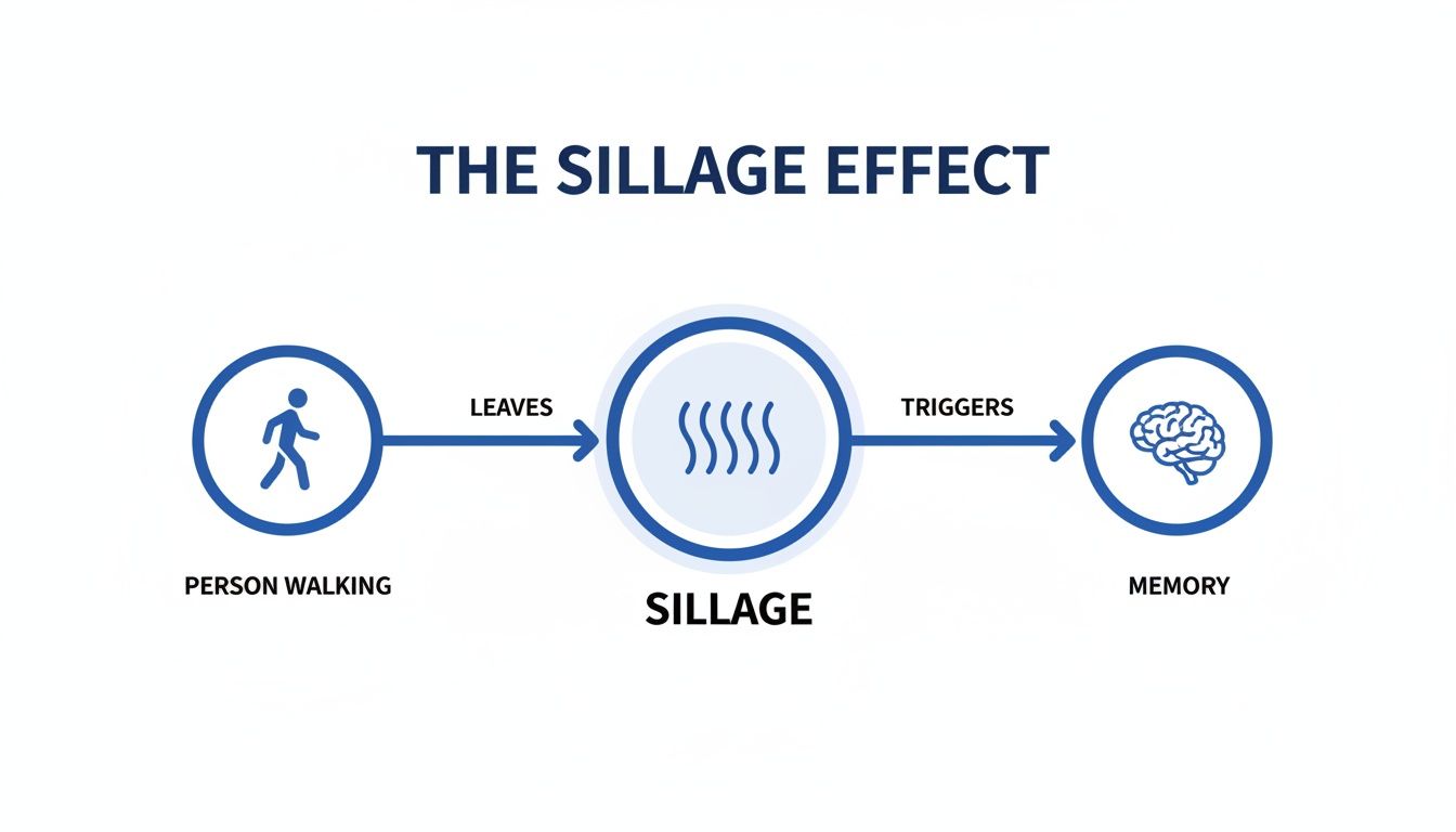 A diagram illustrating the sillage effect, showing a walking person leaving sillage that triggers memory.