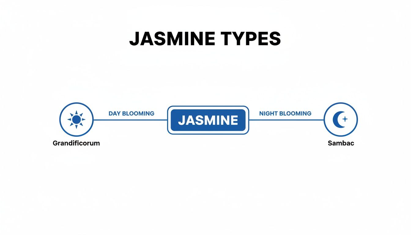 Diagram illustrating two jasmine types: Grandificorum (day blooming) and Sambac (night blooming).