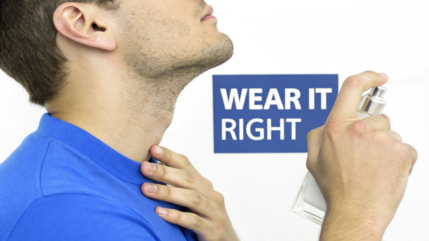 Close-up of a man spraying fragrance on his neck, with a blue "WEAR IT RIGHT" sign.