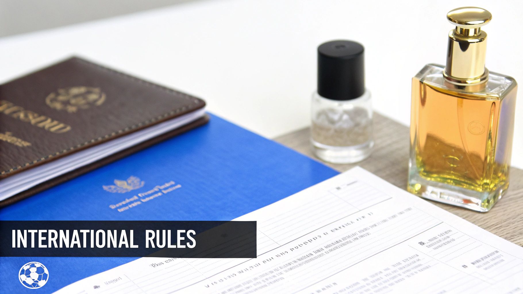 A close-up of a passport, official documents, and two bottles of perfume, implying international travel rules.