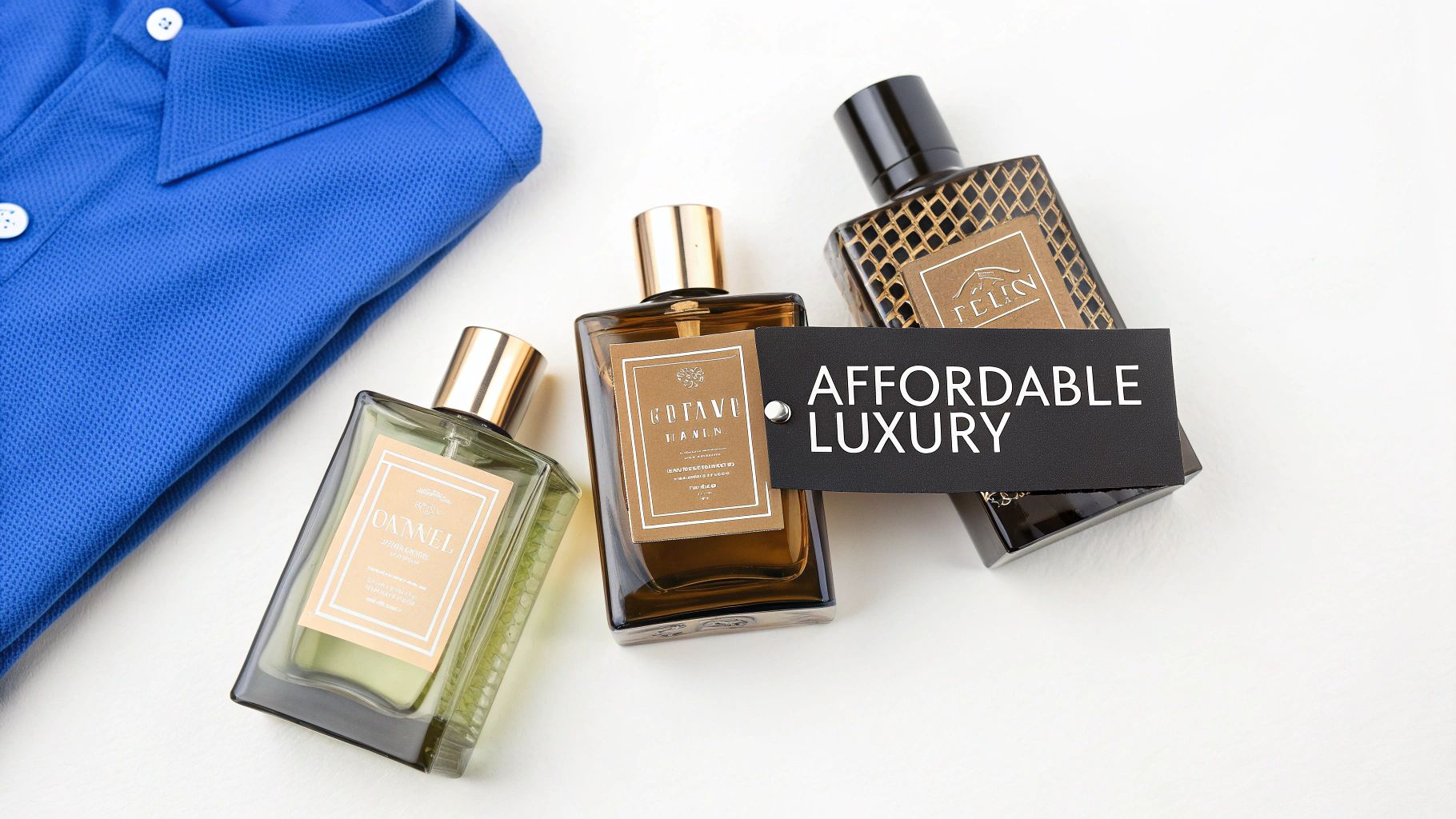 Three men's cologne bottles in different colors are displayed alongside a blue polo shirt, with an 'AFFORDABLE LUXURY' tag.