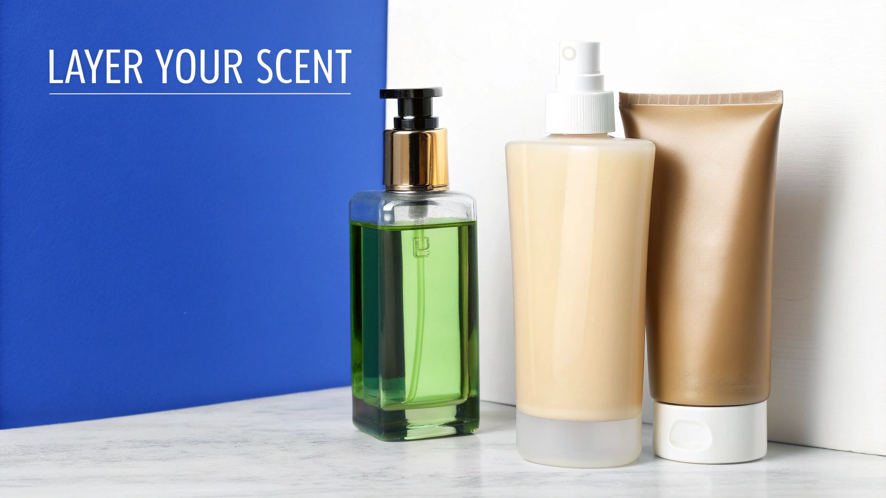 Three luxury cosmetic bottles with gold and beige tones for layering fragrances and body care products