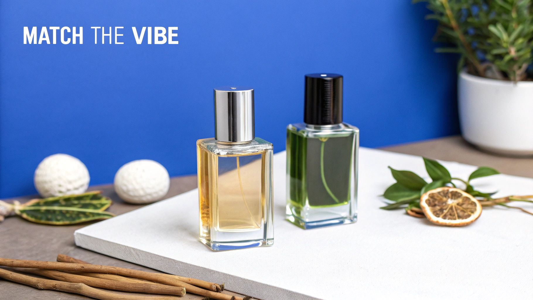 Close-up of two distinct perfume bottles, amber and green, with natural botanical and woody accents.